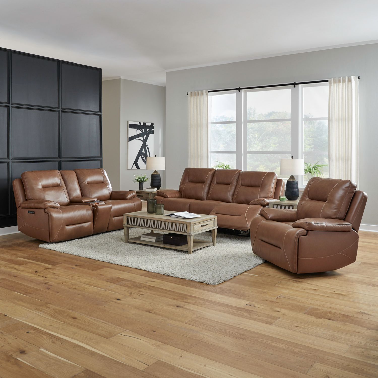 Cameron Leather Power Reclining Living Room Set | Charcoal