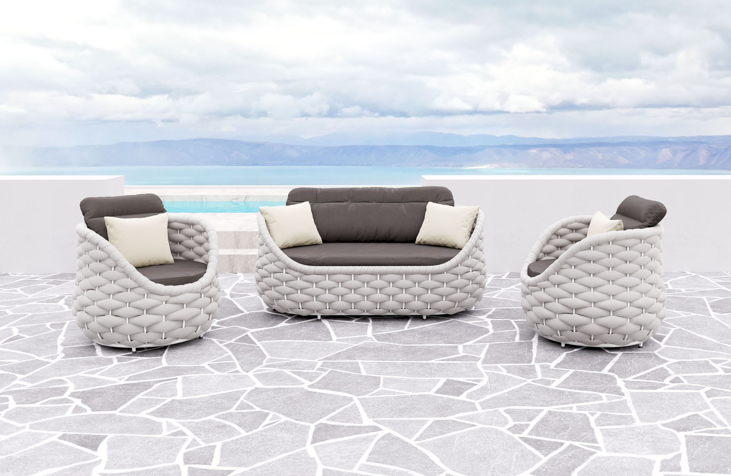 Modern Outdoor 63" Grey + White Curved Loveseat