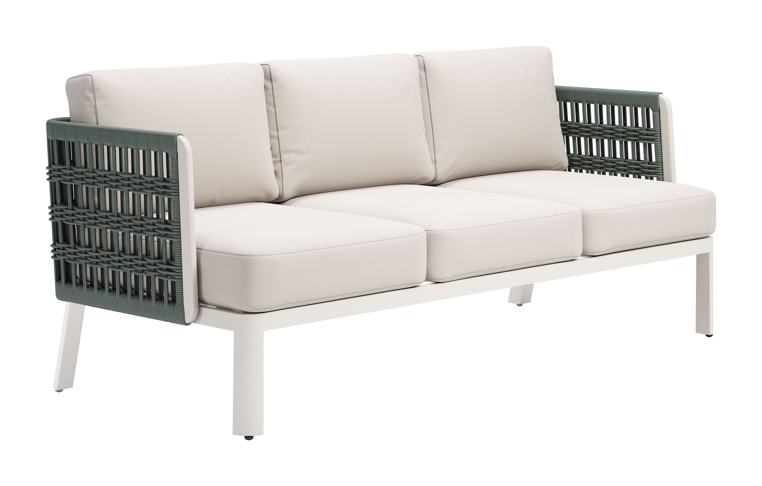  Neutral, weather-resistant cushions, green woven arms, and a sturdy aluminum base—