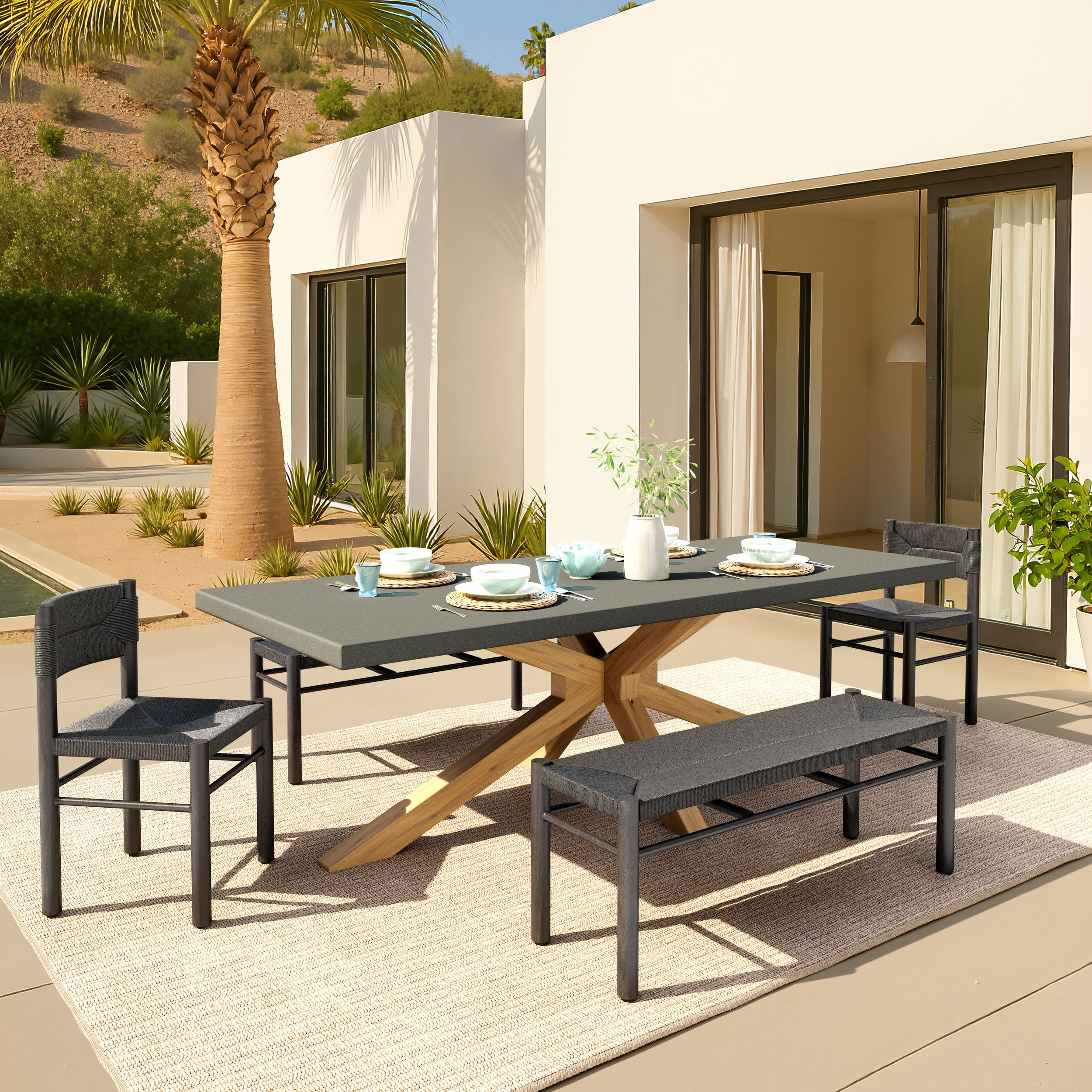 Suan Rectangular Faux Concrete/Wood Dining Table