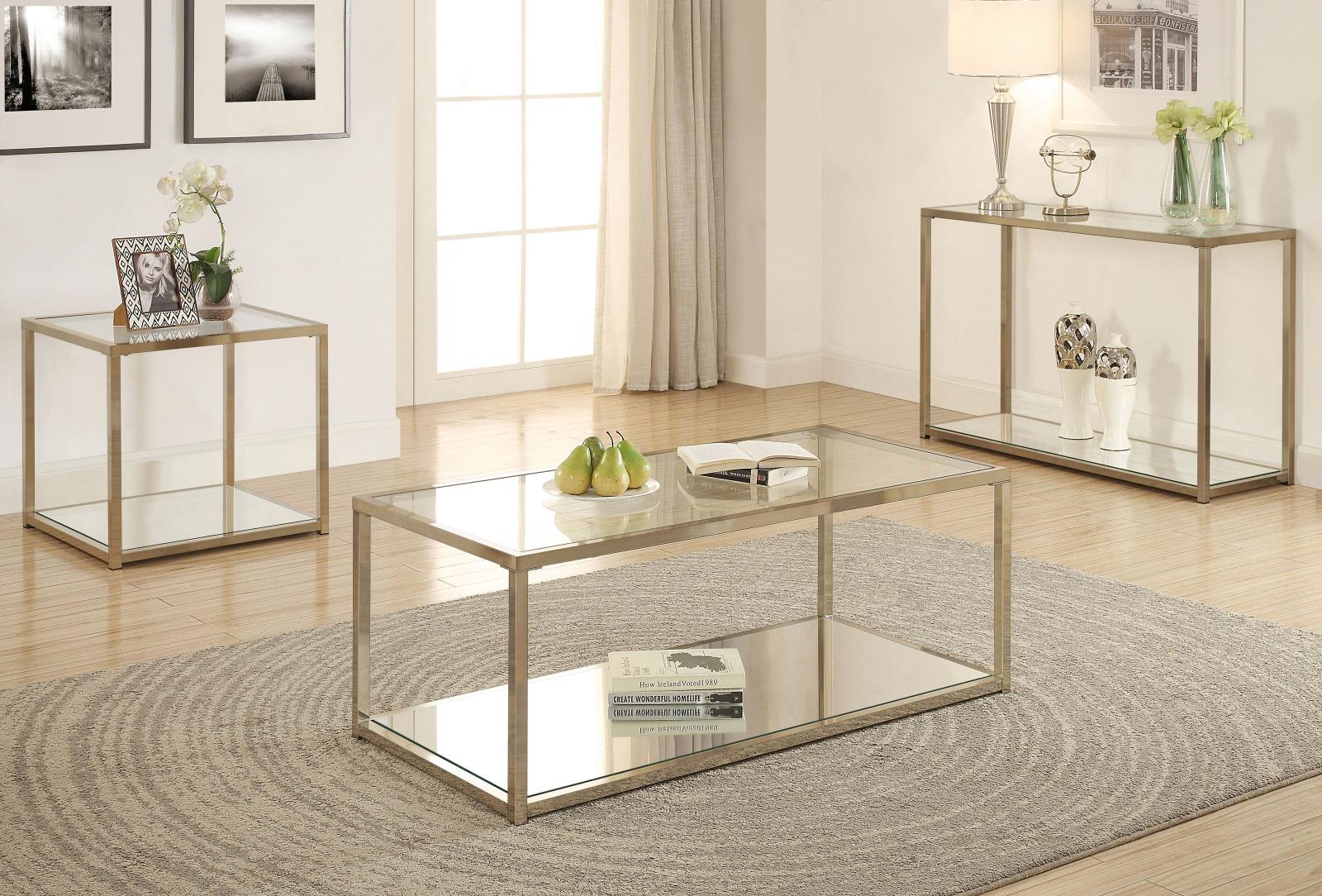 Cora Glass/Metal End Table with Mirror Shelf