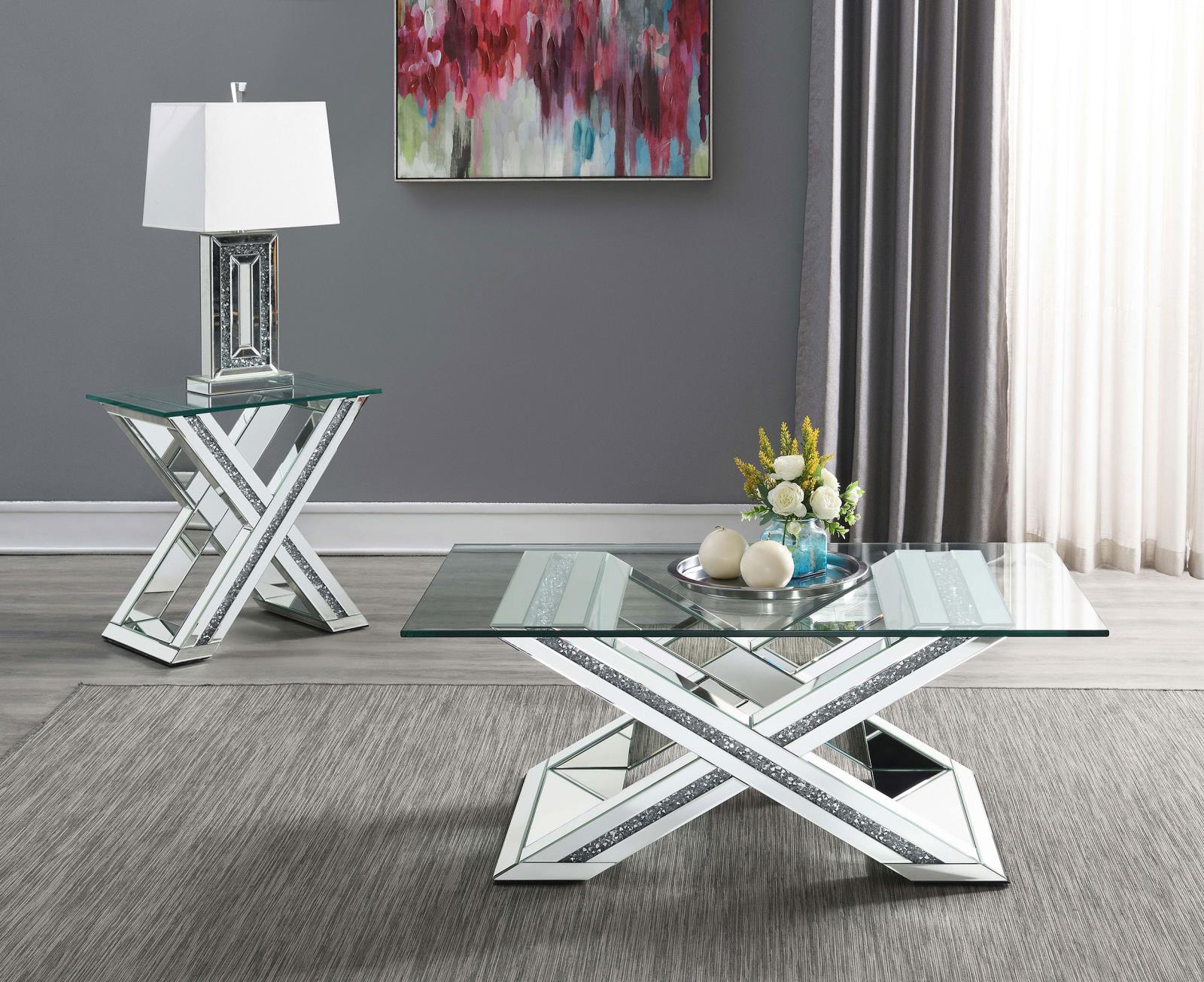 Bonnie X-base Rectangle Glass Top Mirrored End Table