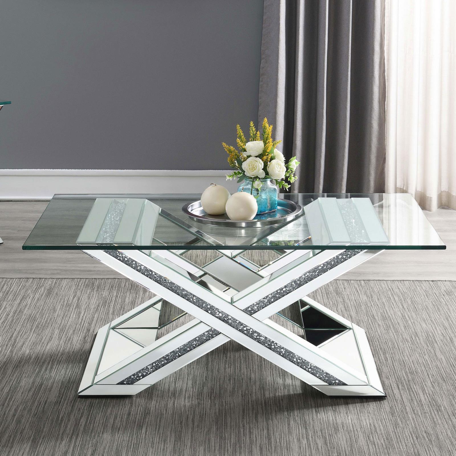 Bonnie Rectangle Glass Top Coffee Table with Mirrored X-base