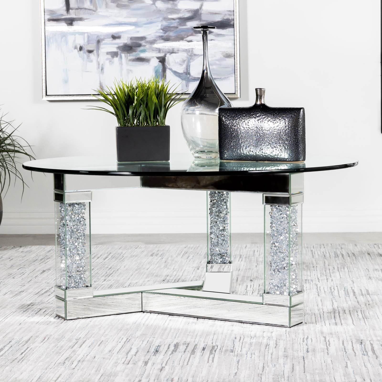 Octave Glass Top Round Mirrored Coffee Table with Square Post Legs