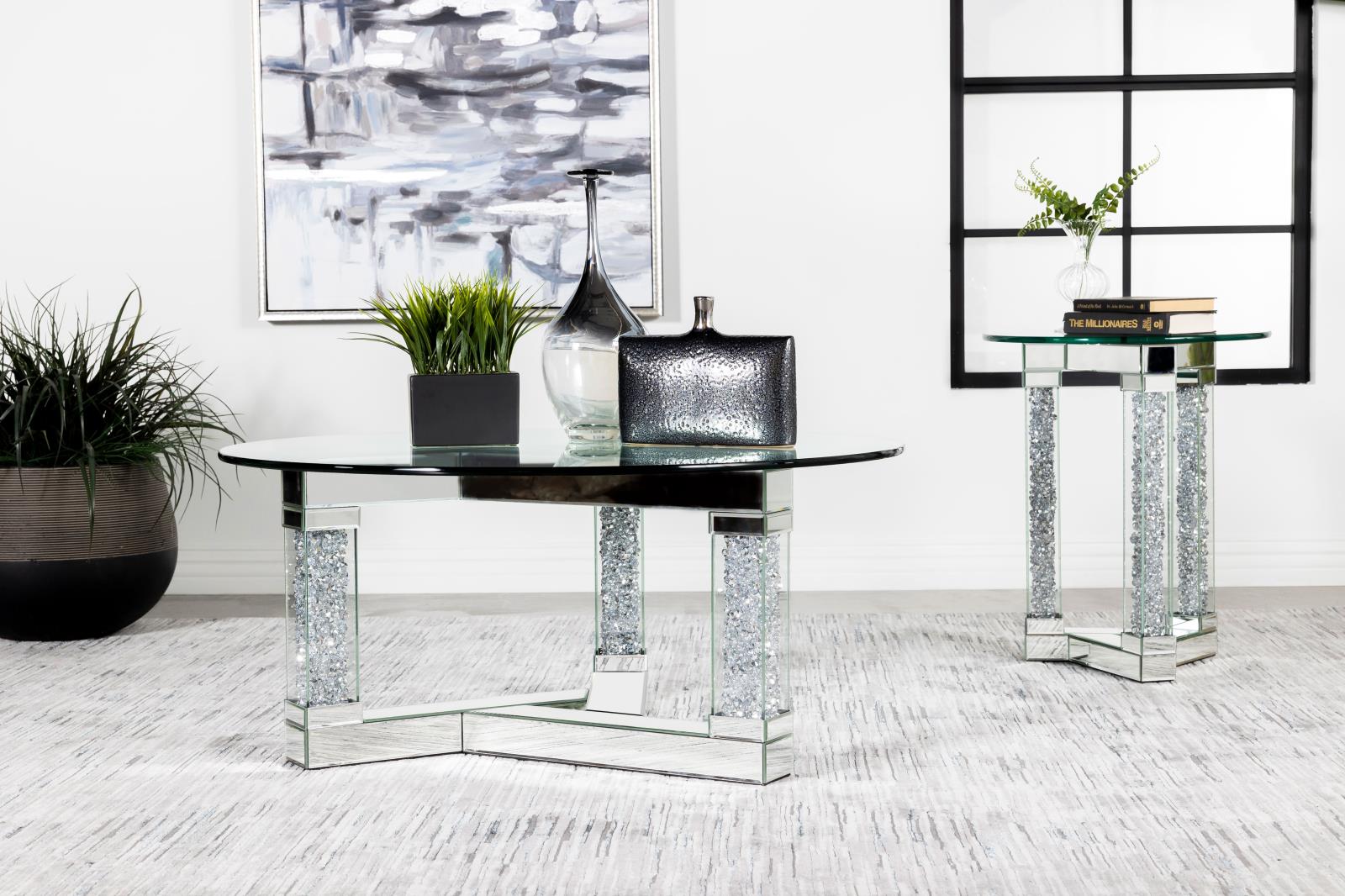 Octave Glass Top Round Mirrored Coffee Table with Square Post Legs