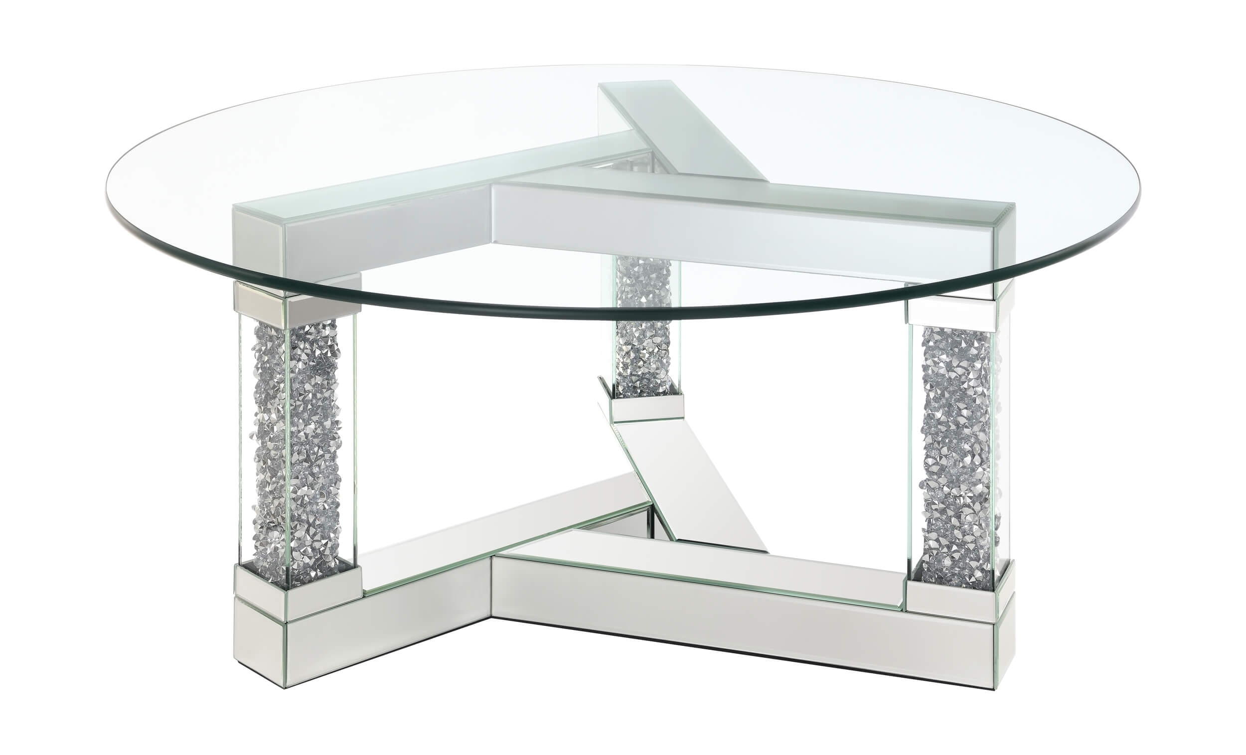 Octave Glass Top Round Mirrored Coffee Table with Square Post Legs