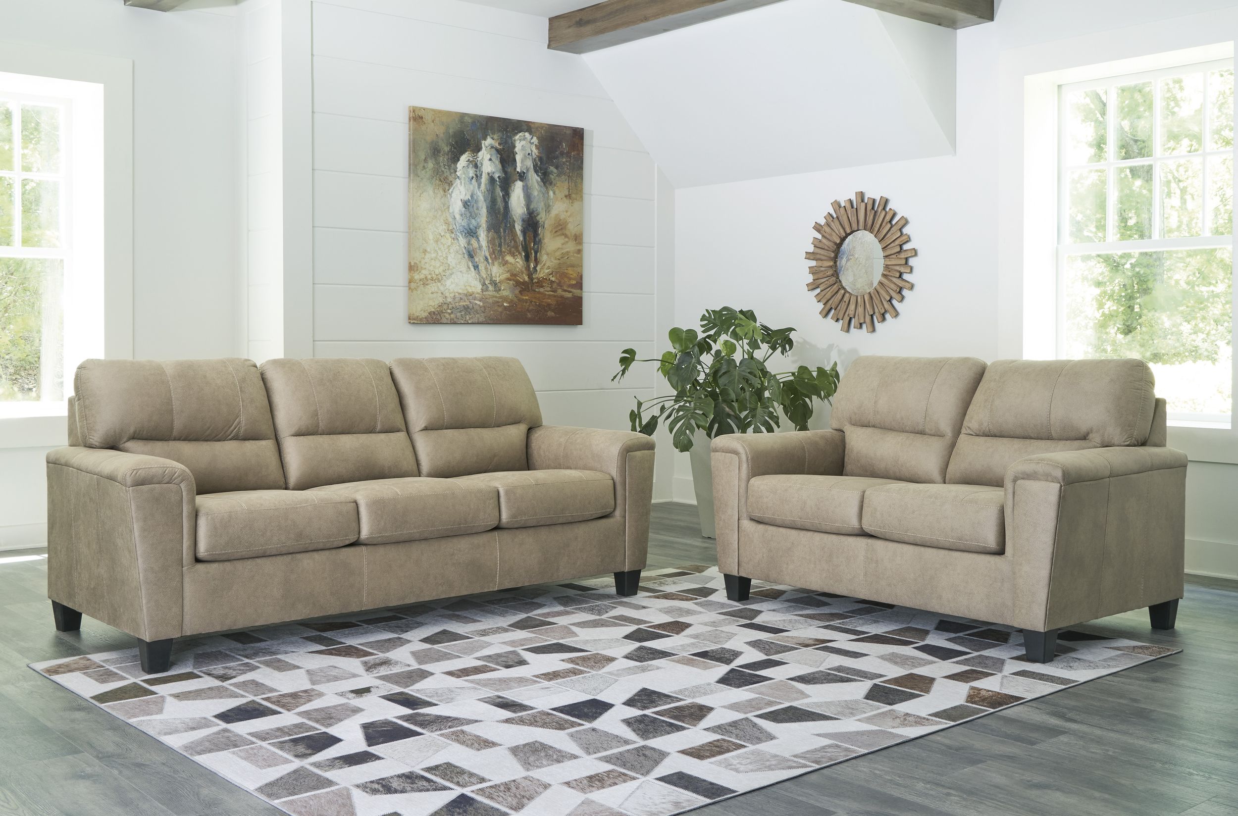 Kirkhill Transitional Sofa | Sand Fabric with Accent Pillows