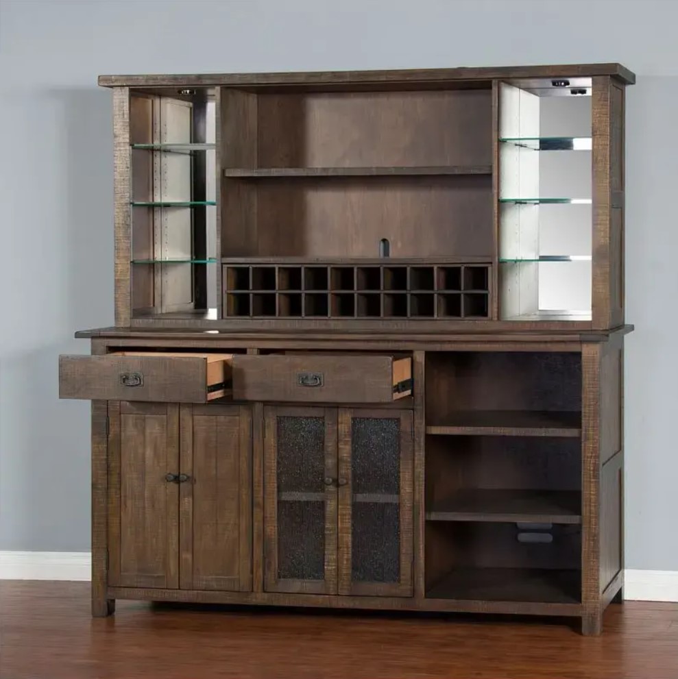 SM Homestead Wood Buffet & Hutch w/4 Doors, 2 Drawers, 20 Wine Bottle Storage & LED Light