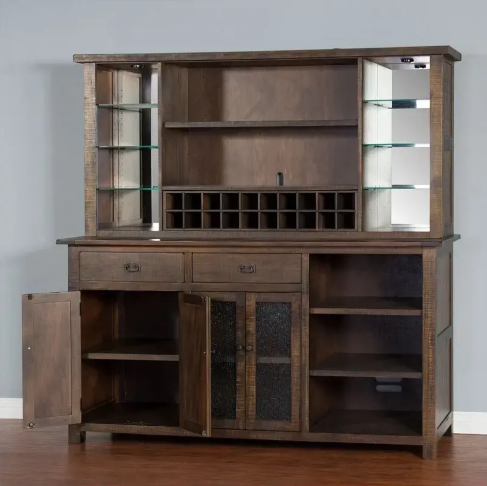 SM Homestead Wood Buffet & Hutch w/4 Doors, 2 Drawers, 20 Wine Bottle Storage & LED Light