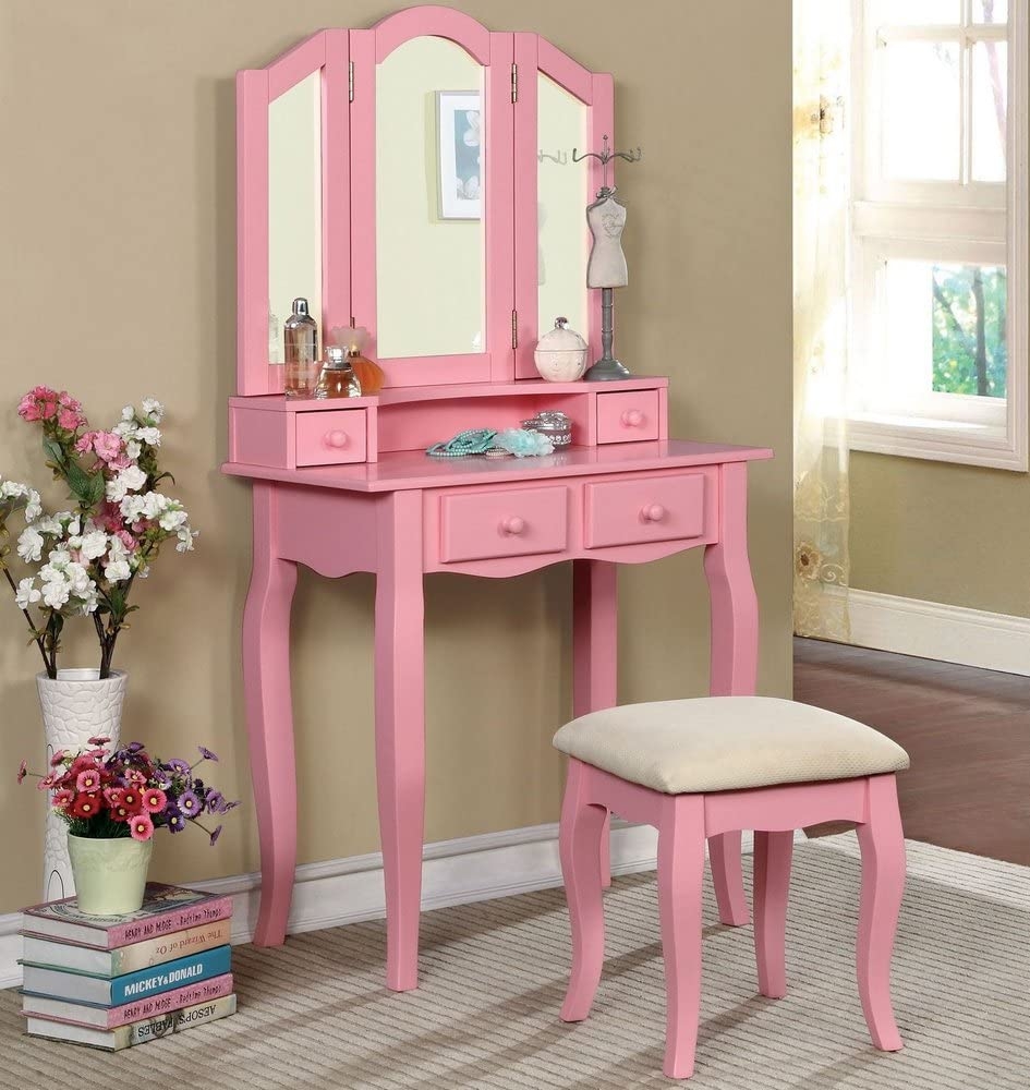 Janelle Wood Storage Vanity Dresser w/4 Drawers, Mirror & Stool