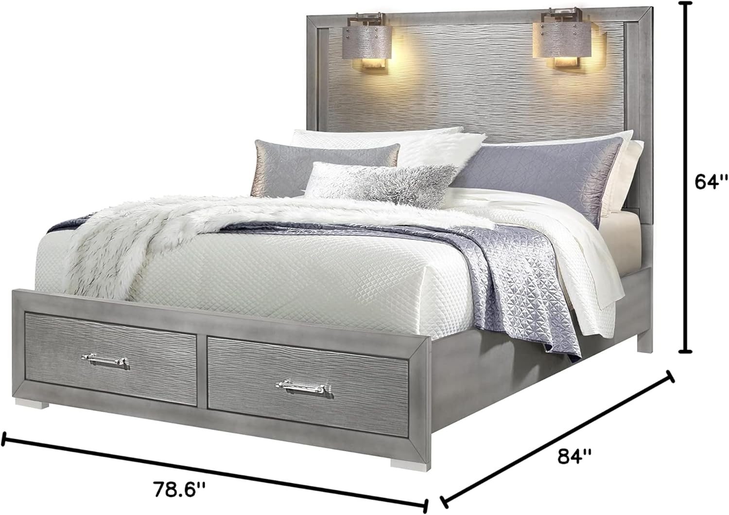 Tiffany MDF/Wood Panel Storage Bed w/2 Lamps, King Size