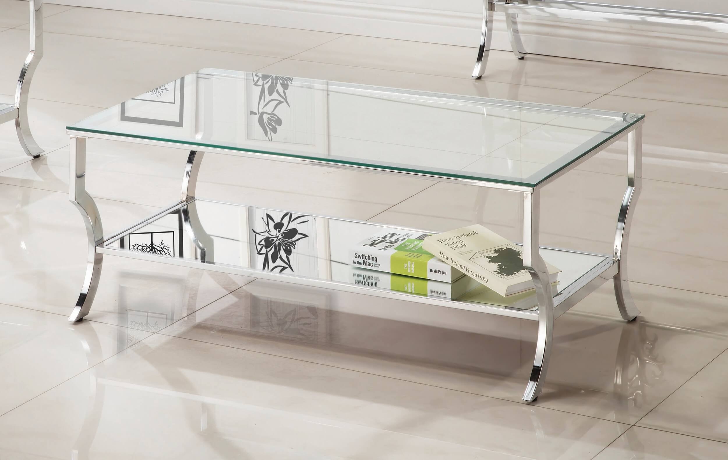 Saide Glass Rectangular Coffee Table with Mirrored Shelf