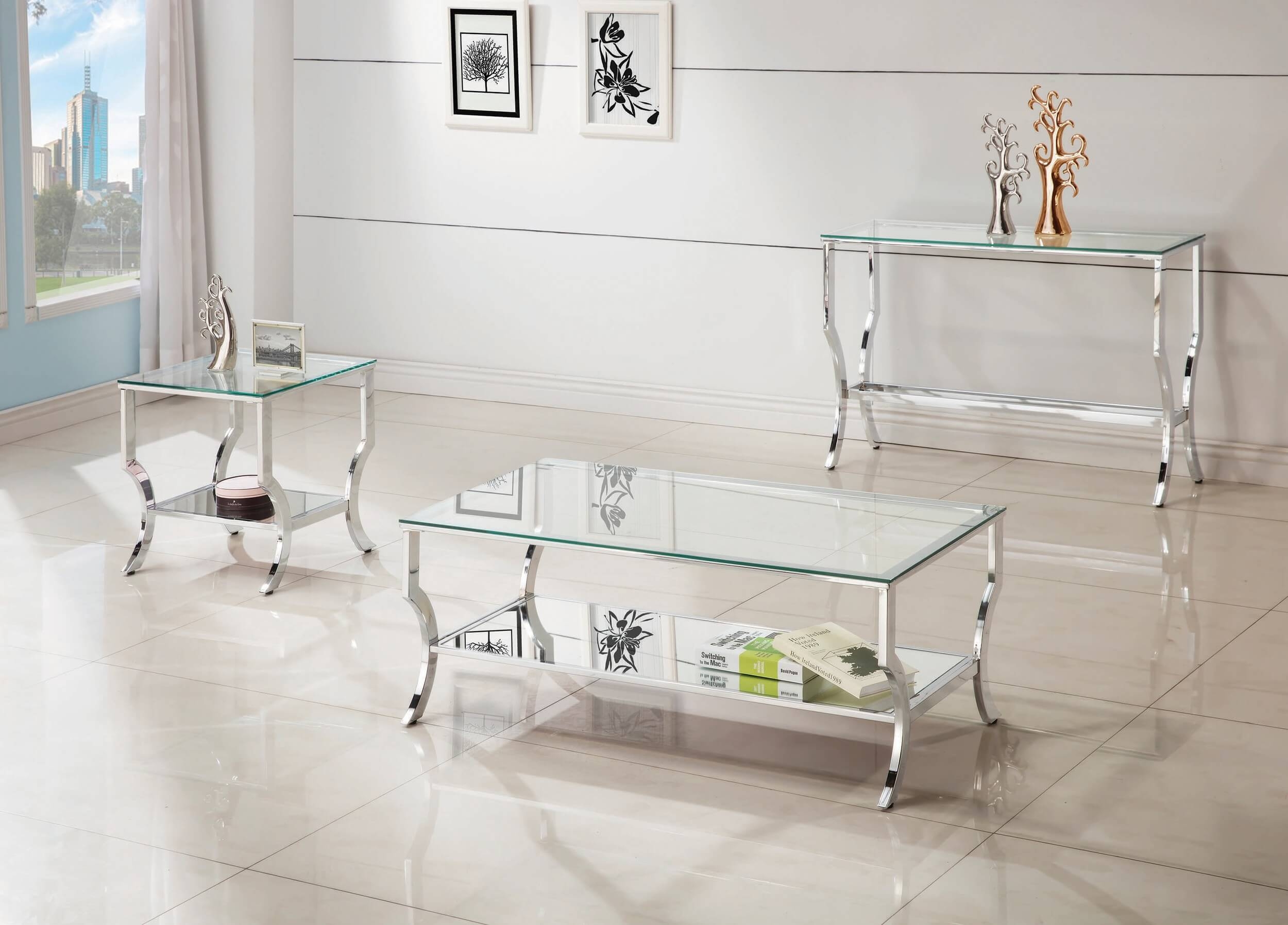 Saide Glass Rectangular Coffee Table with Mirrored Shelf
