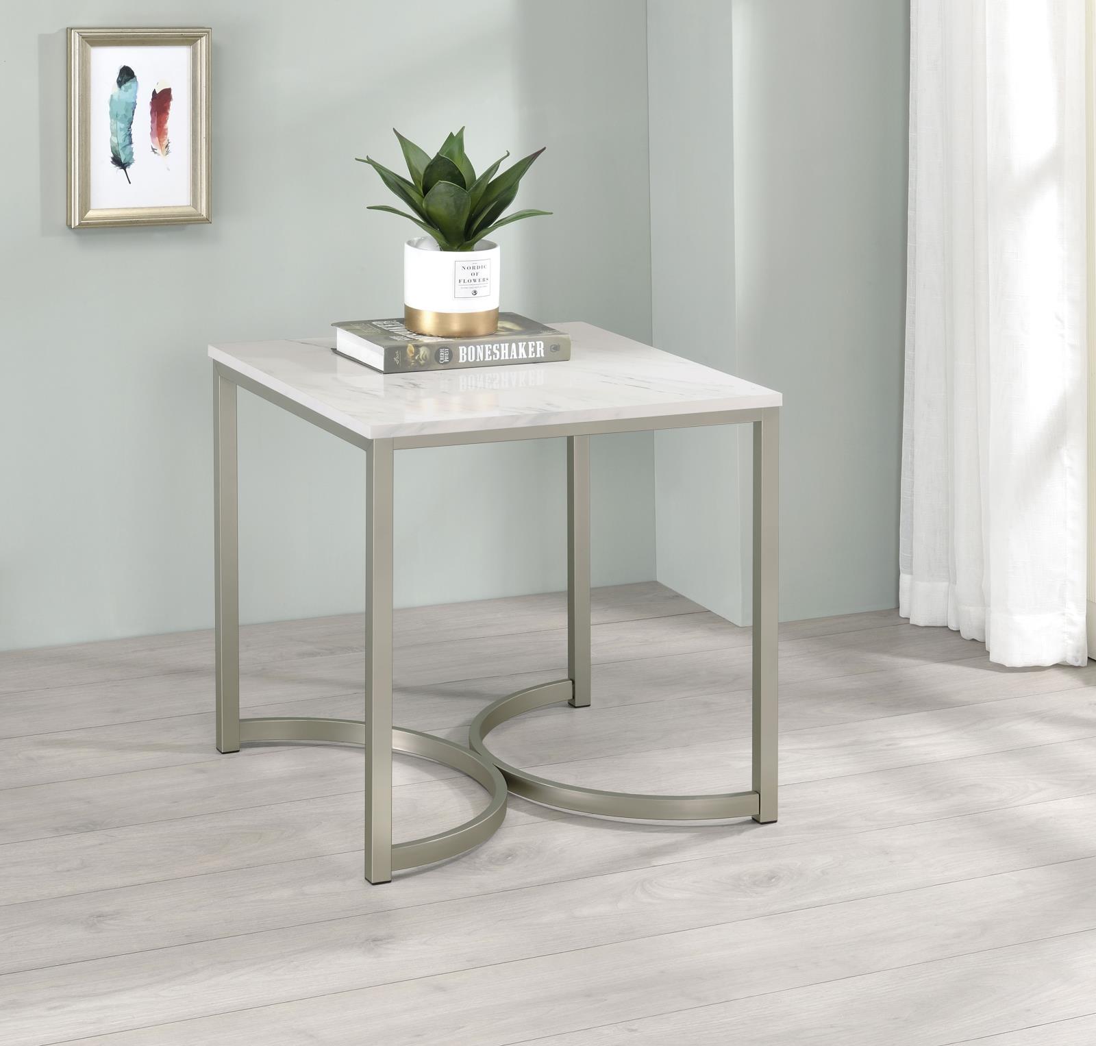 Leona Faux Marble Square End Table with Steel Base