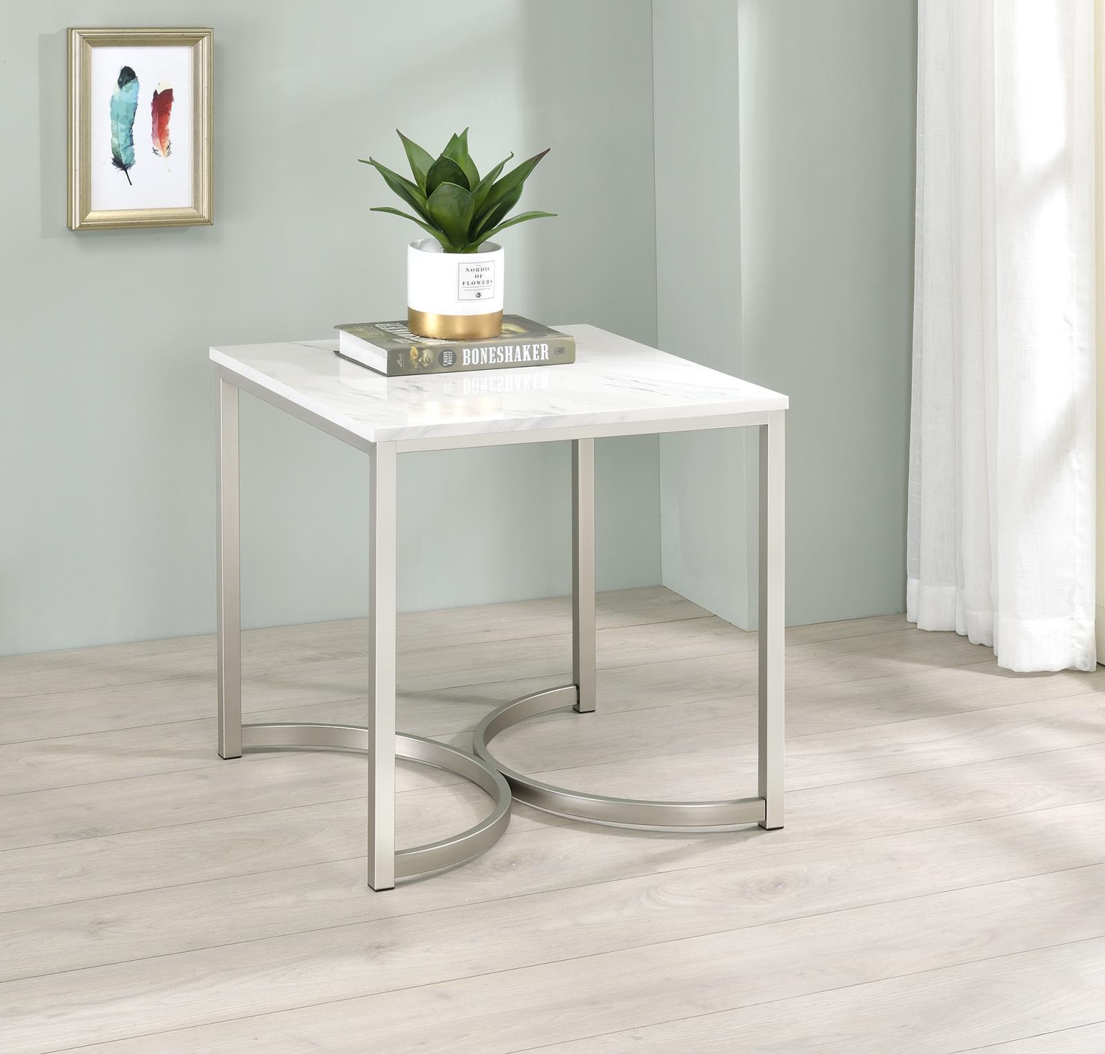 Leona Faux Marble Square End Table with Steel Base