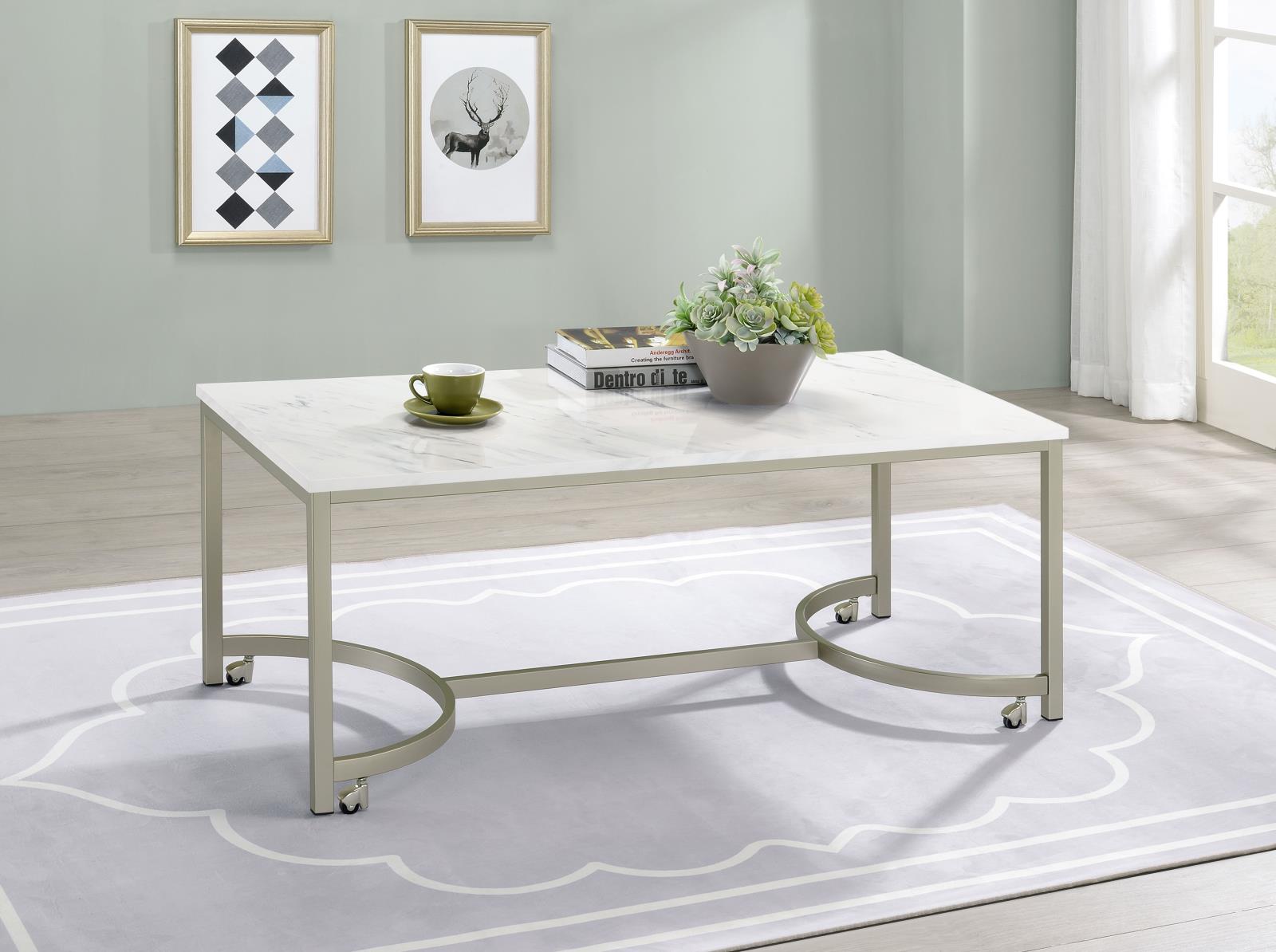 Leona Faux Marble Rectangular Coffee Table with Casters & Metal Base