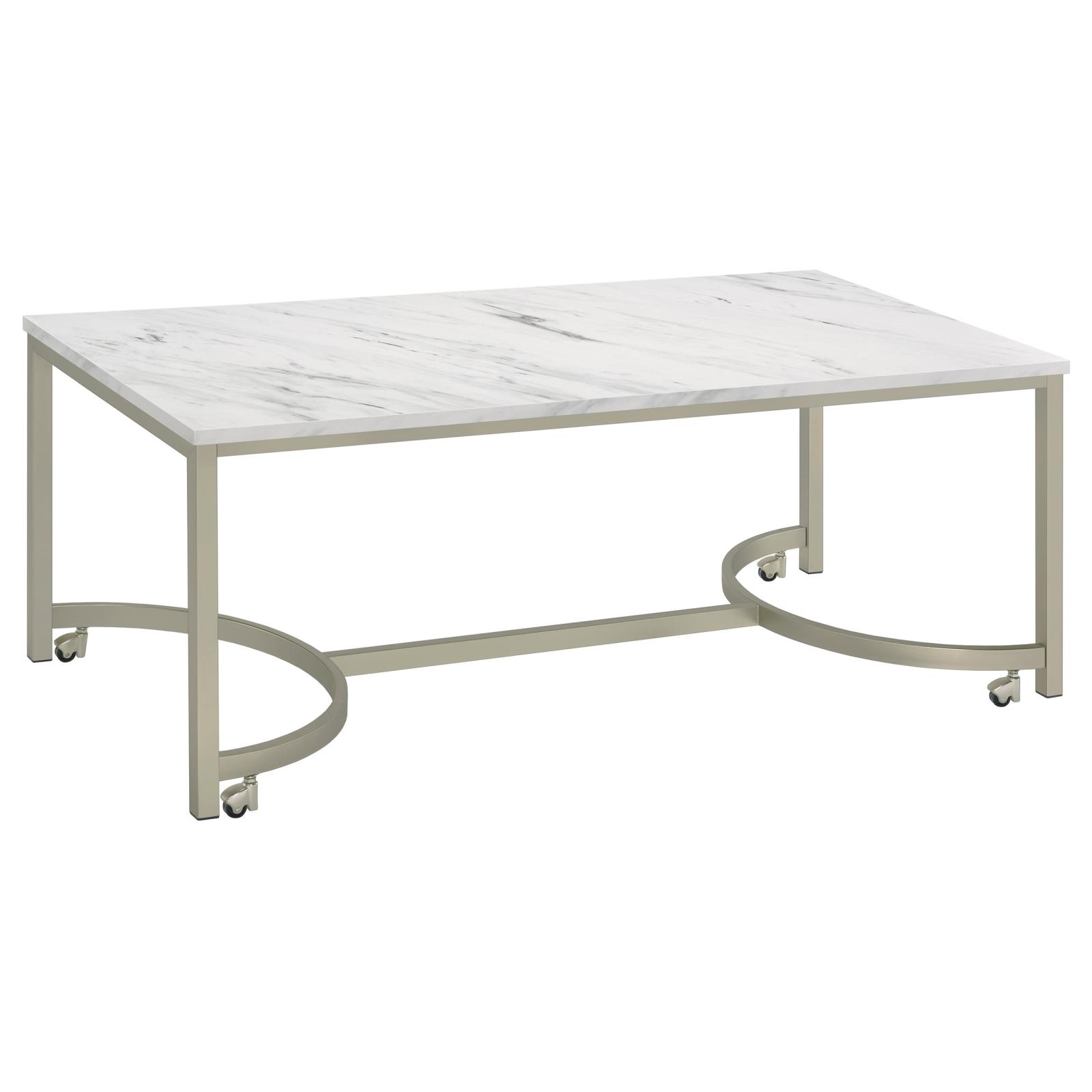 Leona Faux Marble Rectangular Coffee Table with Casters & Metal Base
