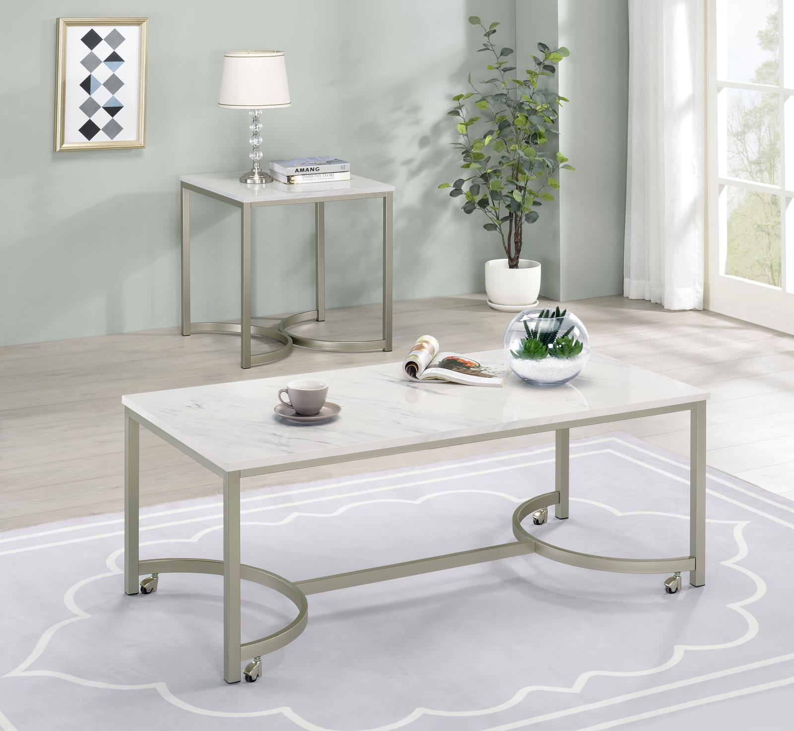 Leona Faux Marble Rectangular Coffee Table with Casters & Metal Base