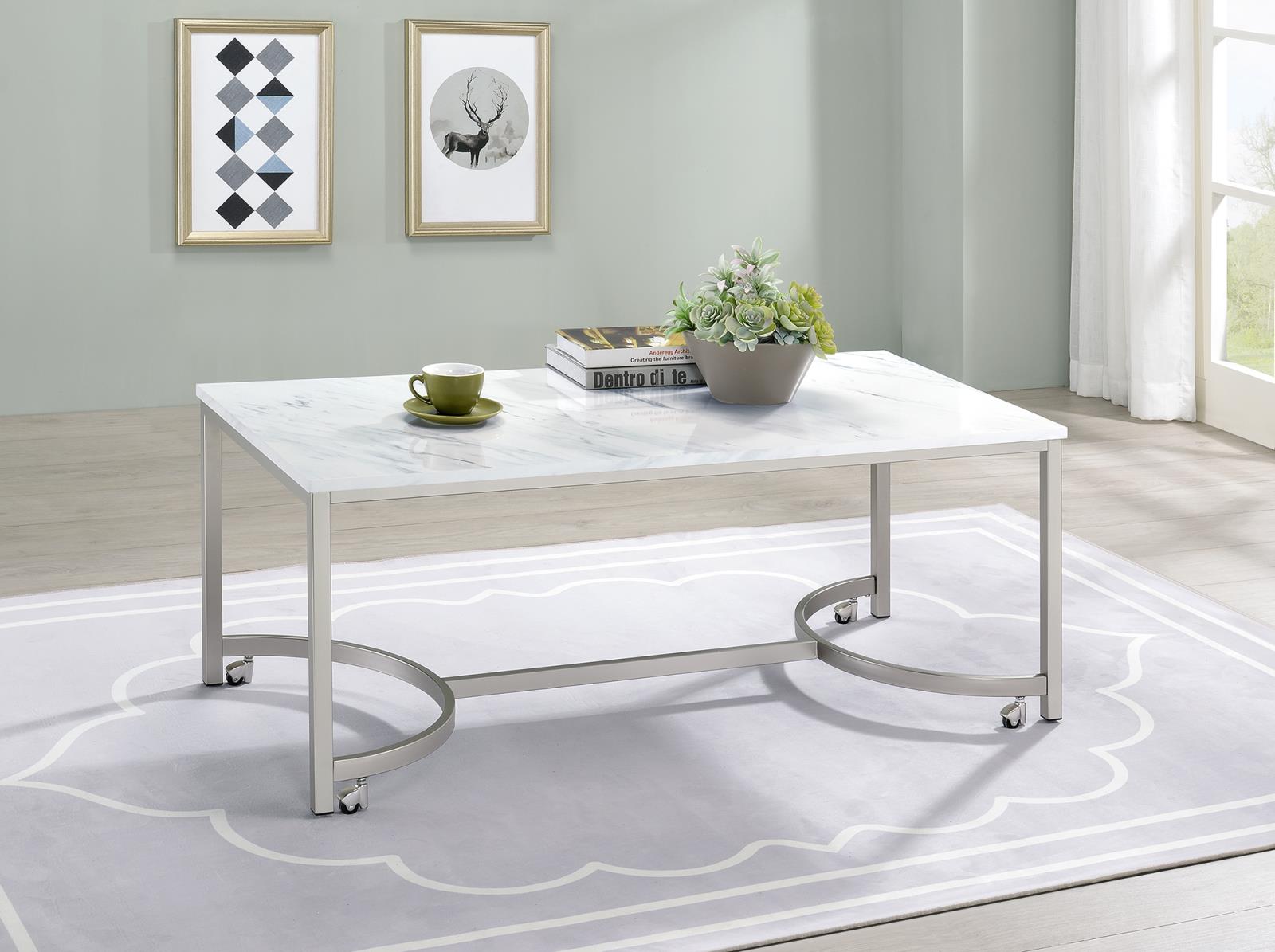 Leona Faux Marble Rectangular Coffee Table with Casters & Metal Base