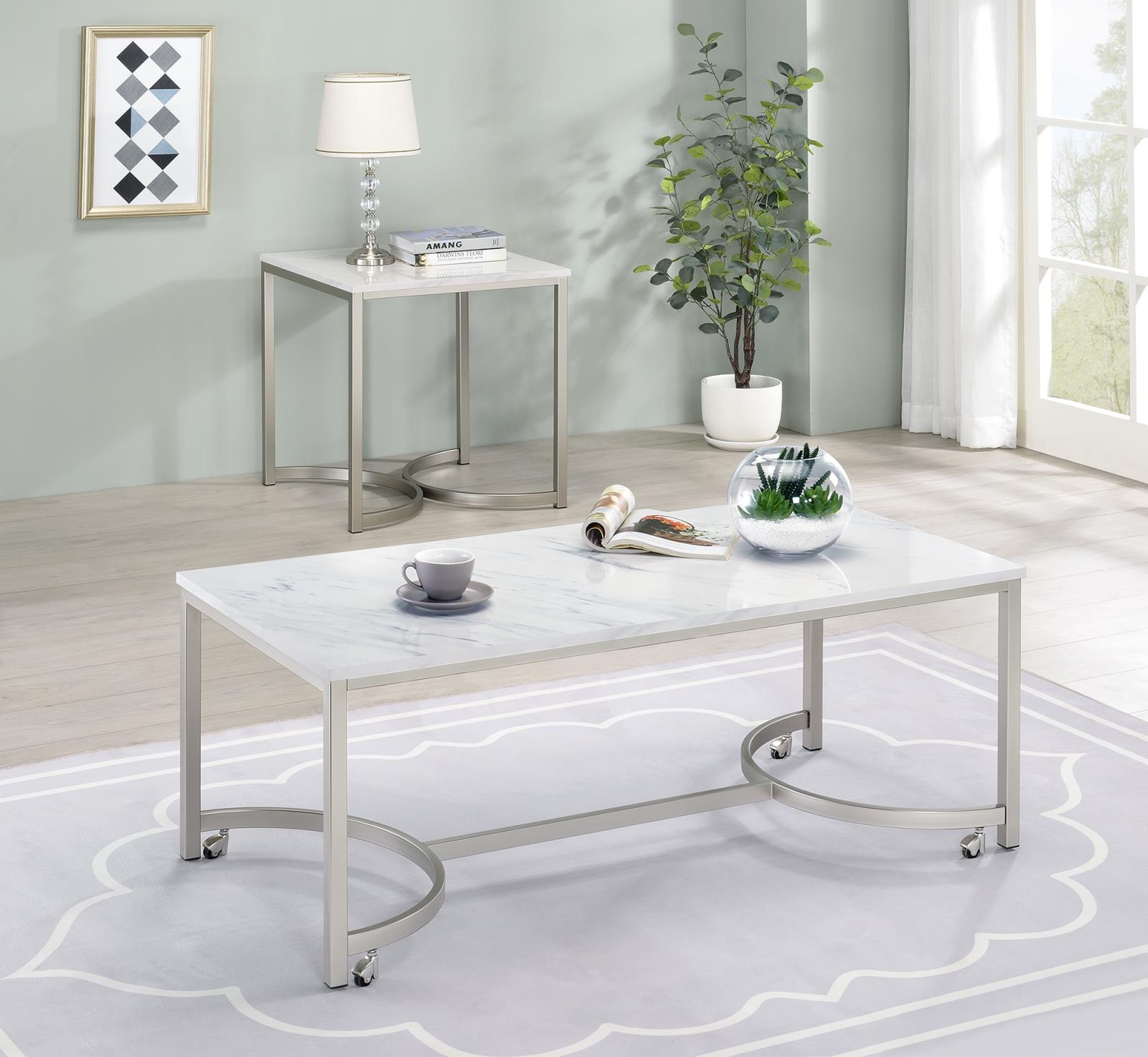 Leona Faux Marble Rectangular Coffee Table with Casters & Metal Base