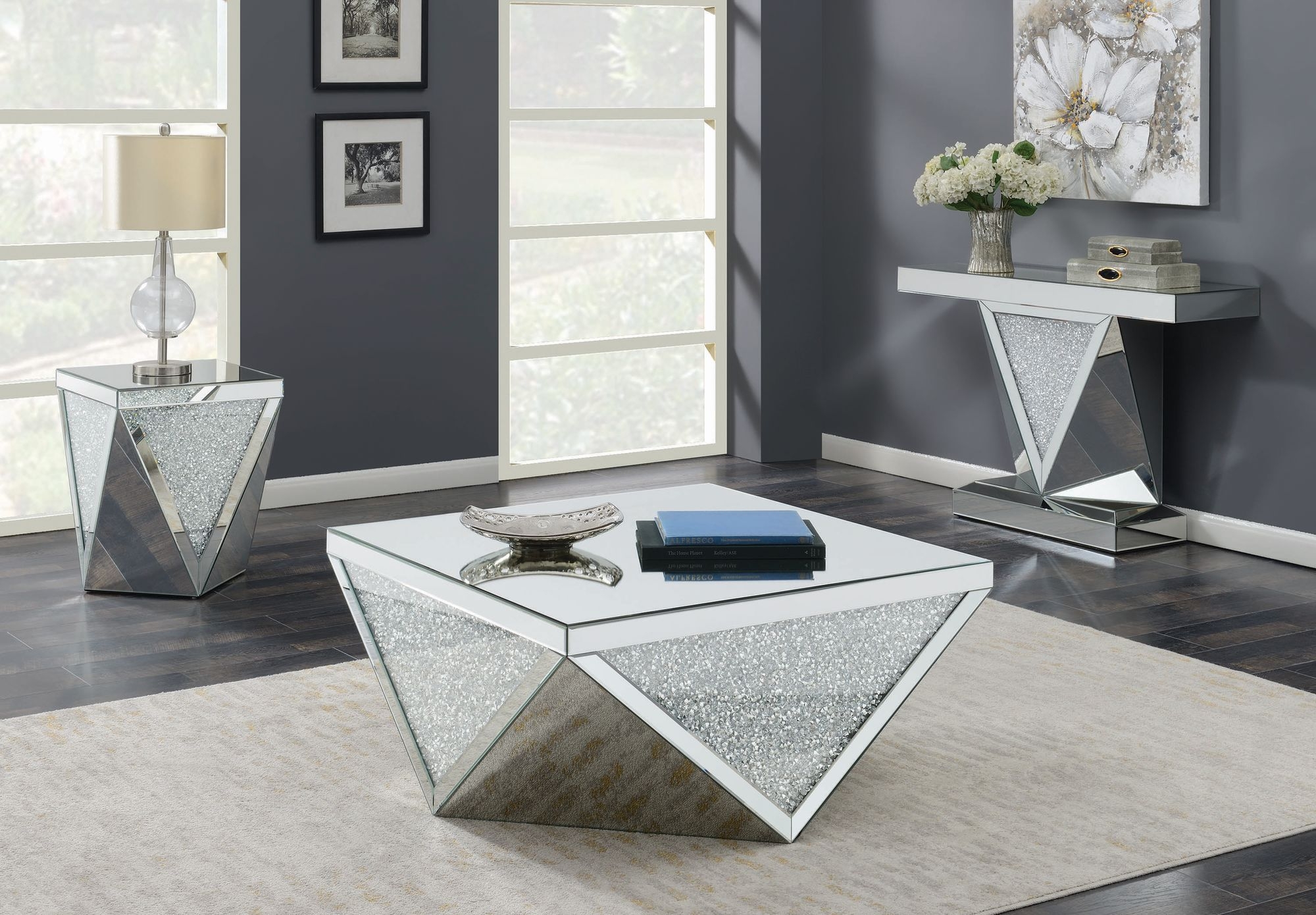 Gunilla Square Mirrored Coffee Table with Triangle Detailing