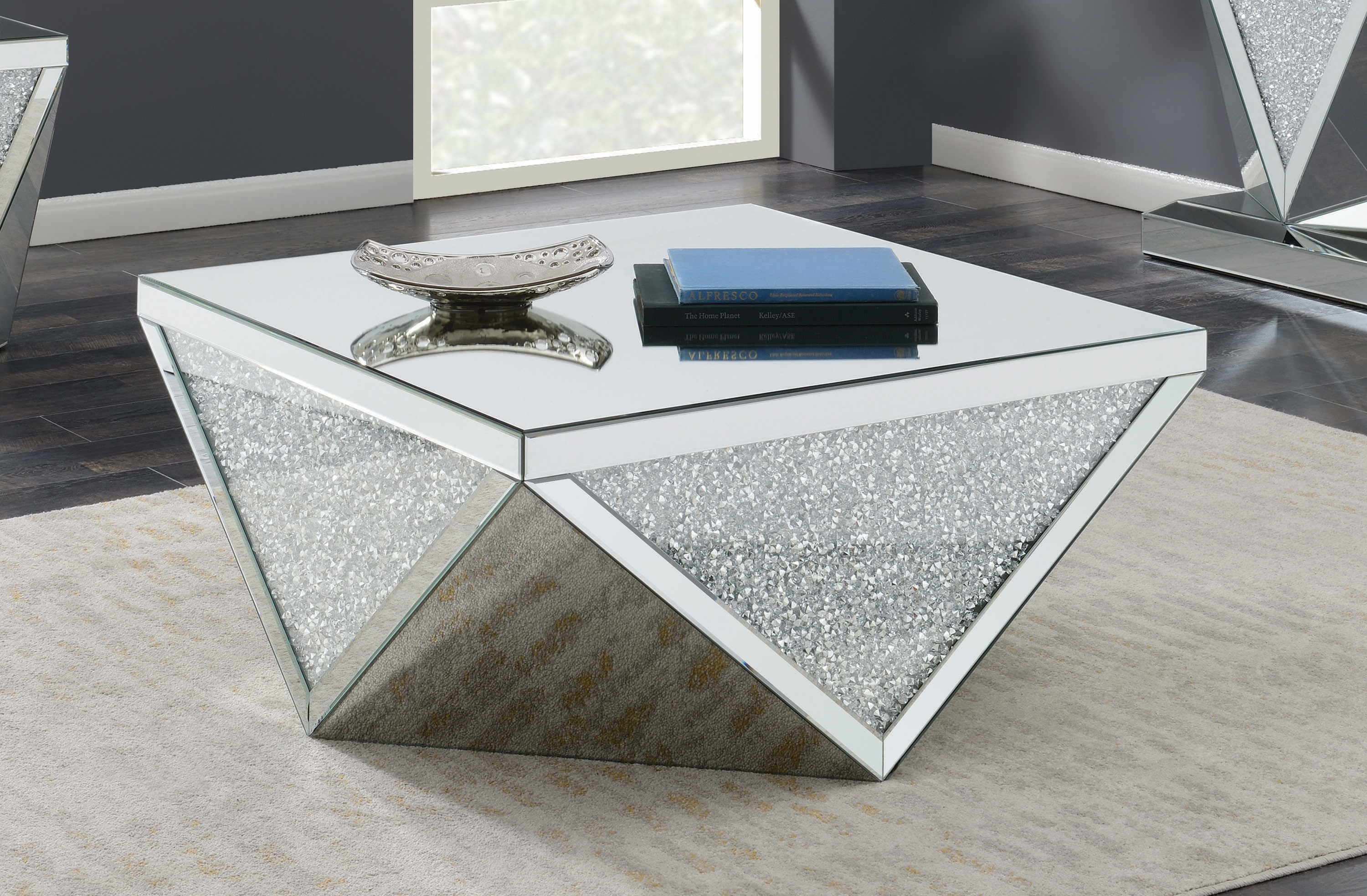 Gunilla Square Mirrored Coffee Table with Triangle Detailing