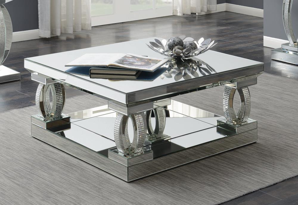 Amalia Mirrored Square Coffee Table with Lower Shelf