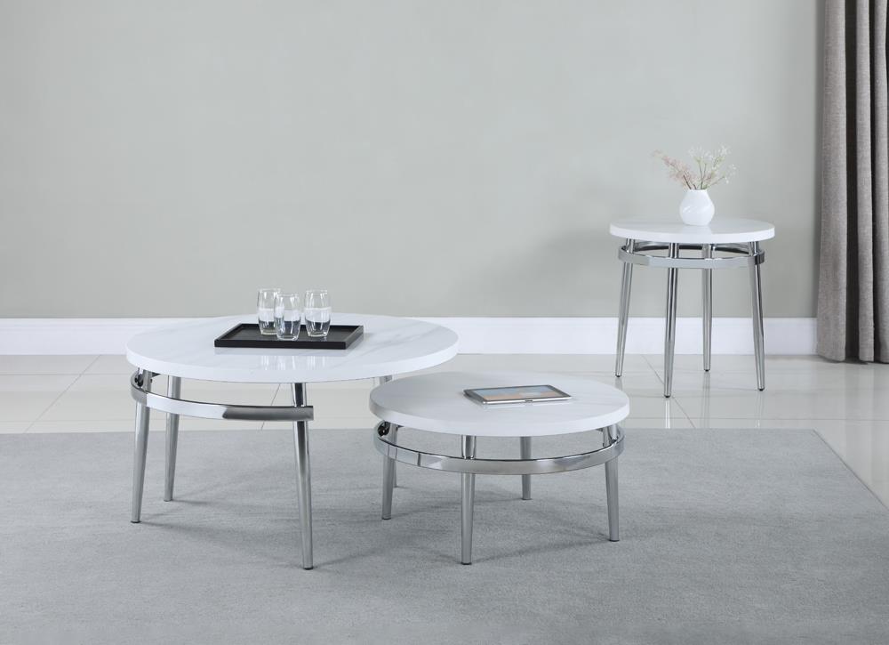 Avilla Faux Carrara Marble Round Nesting Coffee Table with Chrome Base