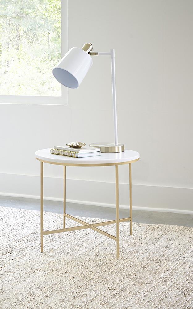 Ellison Round Marble Top End Table with X-cross Metal Base
