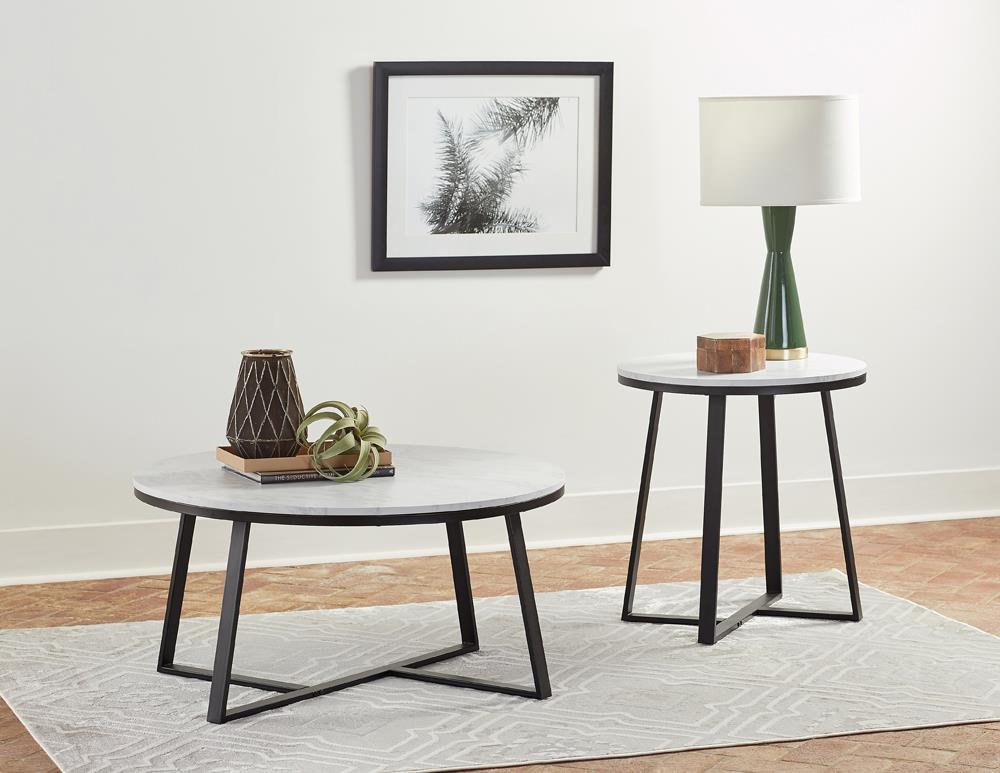 Hugo Faux Marble Round End Table with Metal Base