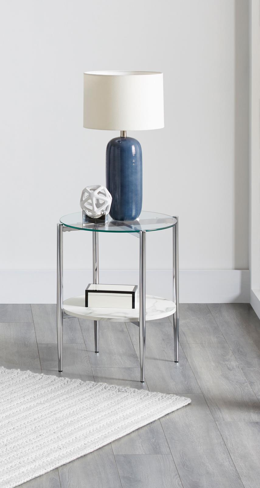 Cadee Round Glass Top End Table with Chrome Base & Marble Shelf