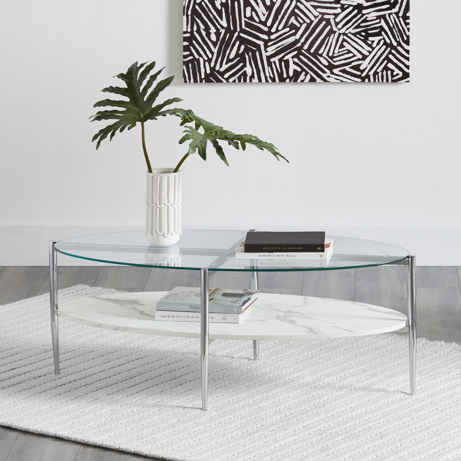 Cadee Oval Glass Top Coffee Table with Chrome Base & Marble Shelf