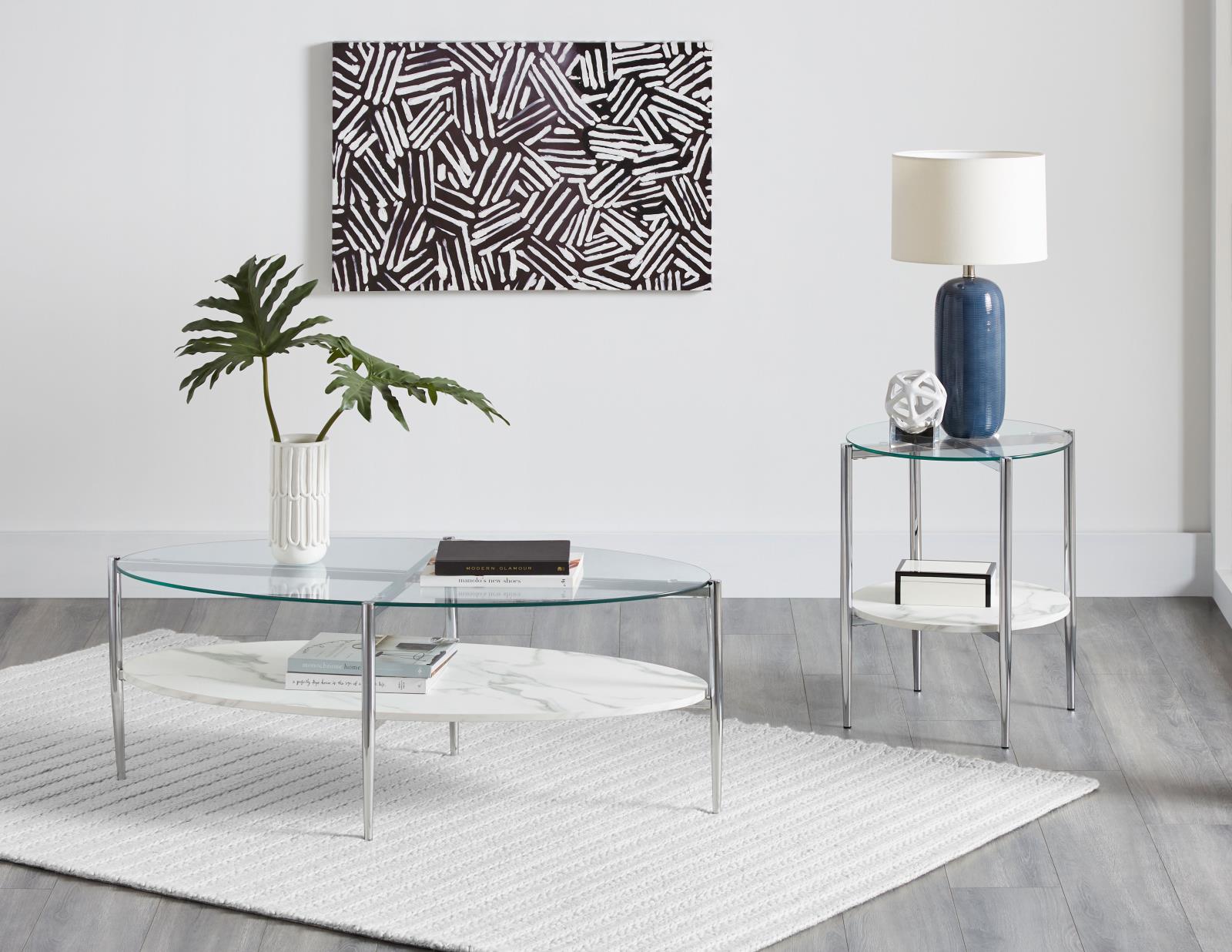Cadee Oval Glass Top Coffee Table with Chrome Base & Marble Shelf