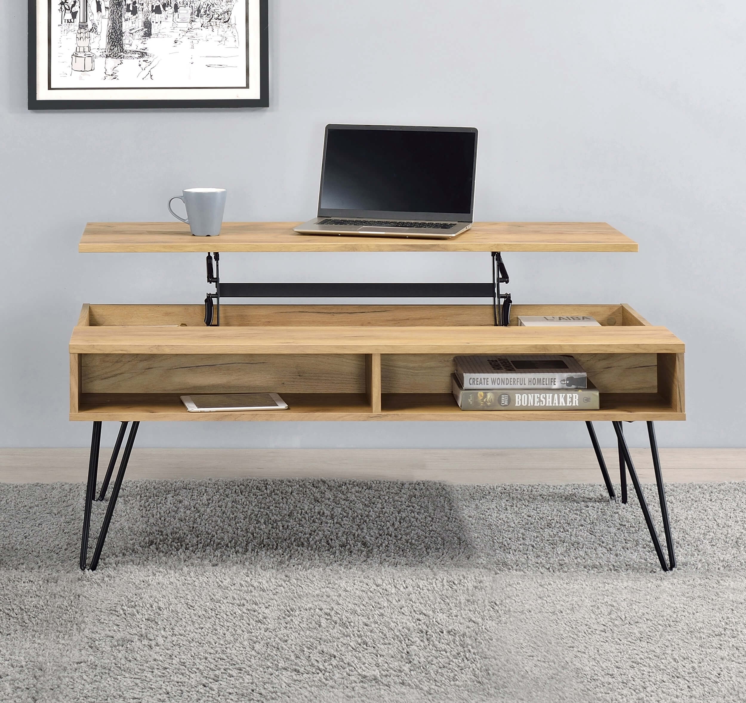 Fanning Wood Veneer Lift Top Storage Coffee Table