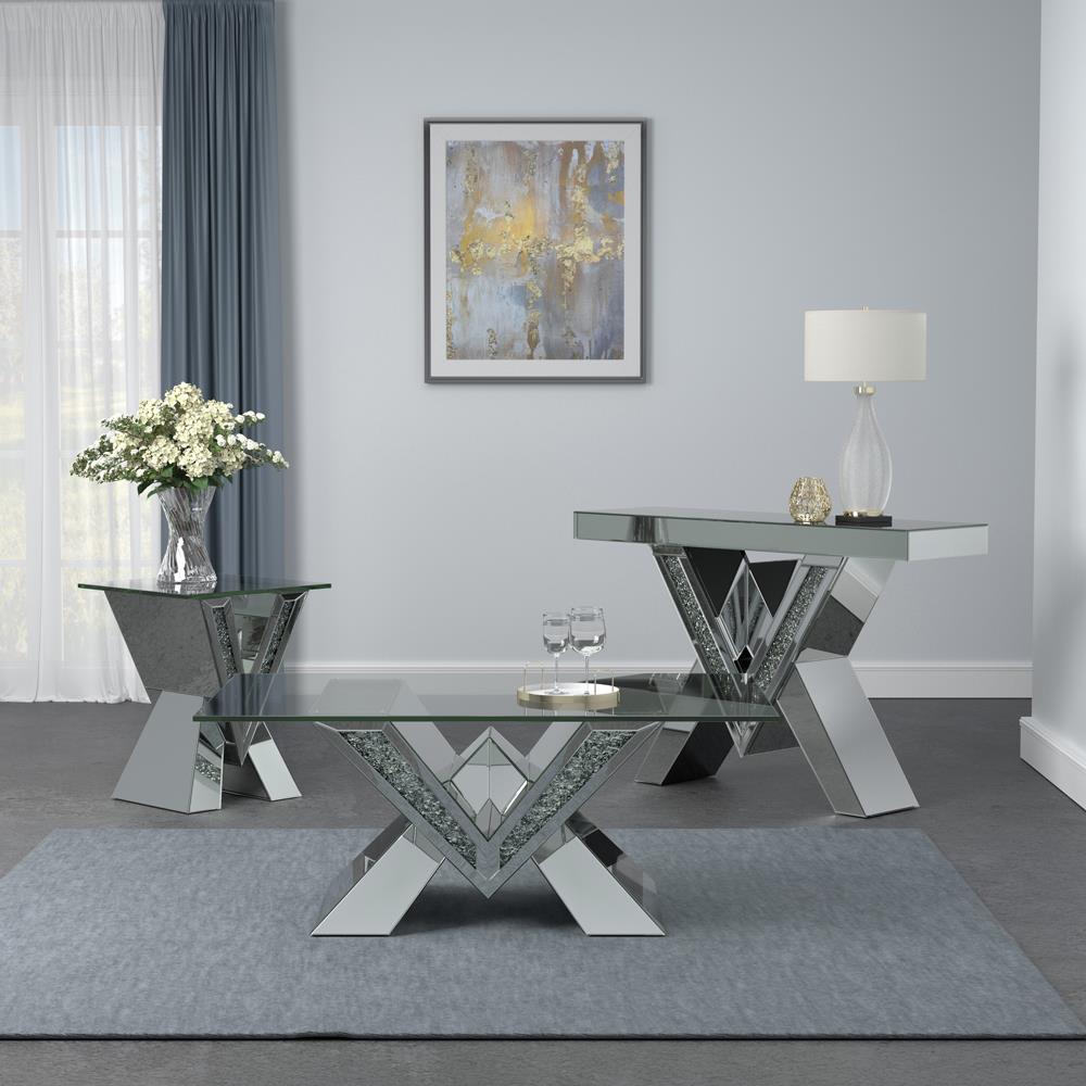 Taffeta Mirrored Coffee Table with Glass Top & V-shaped Base