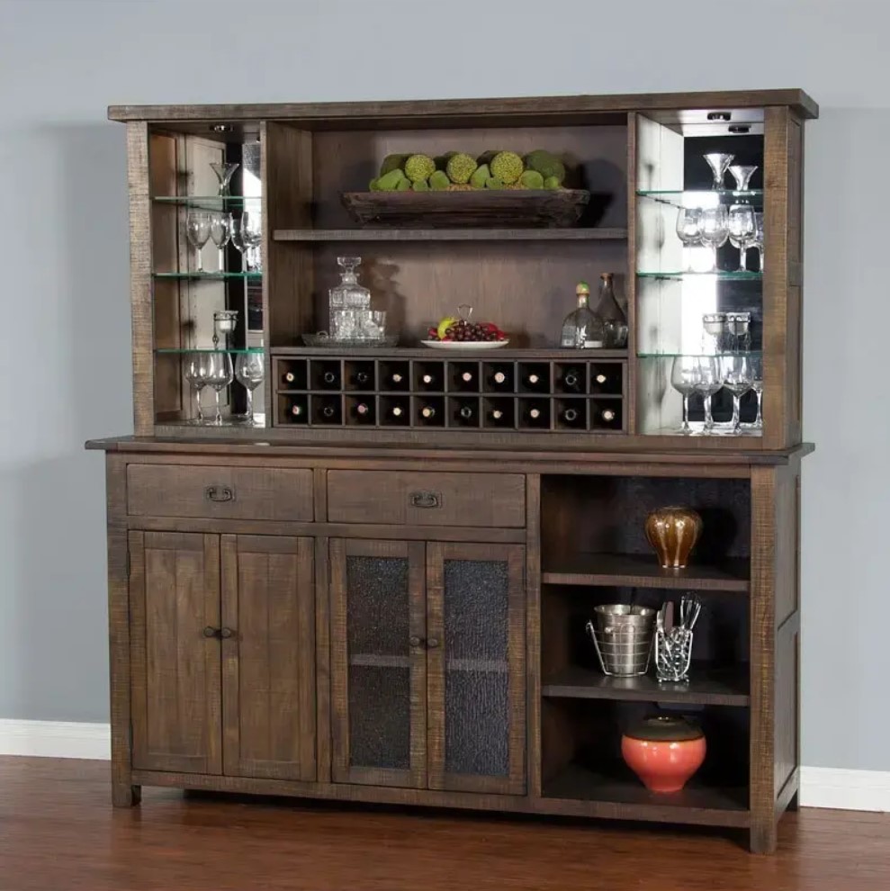 SM Homestead Wood Buffet & Hutch w/4 Doors, 2 Drawers, 20 Wine Bottle Storage & LED Light