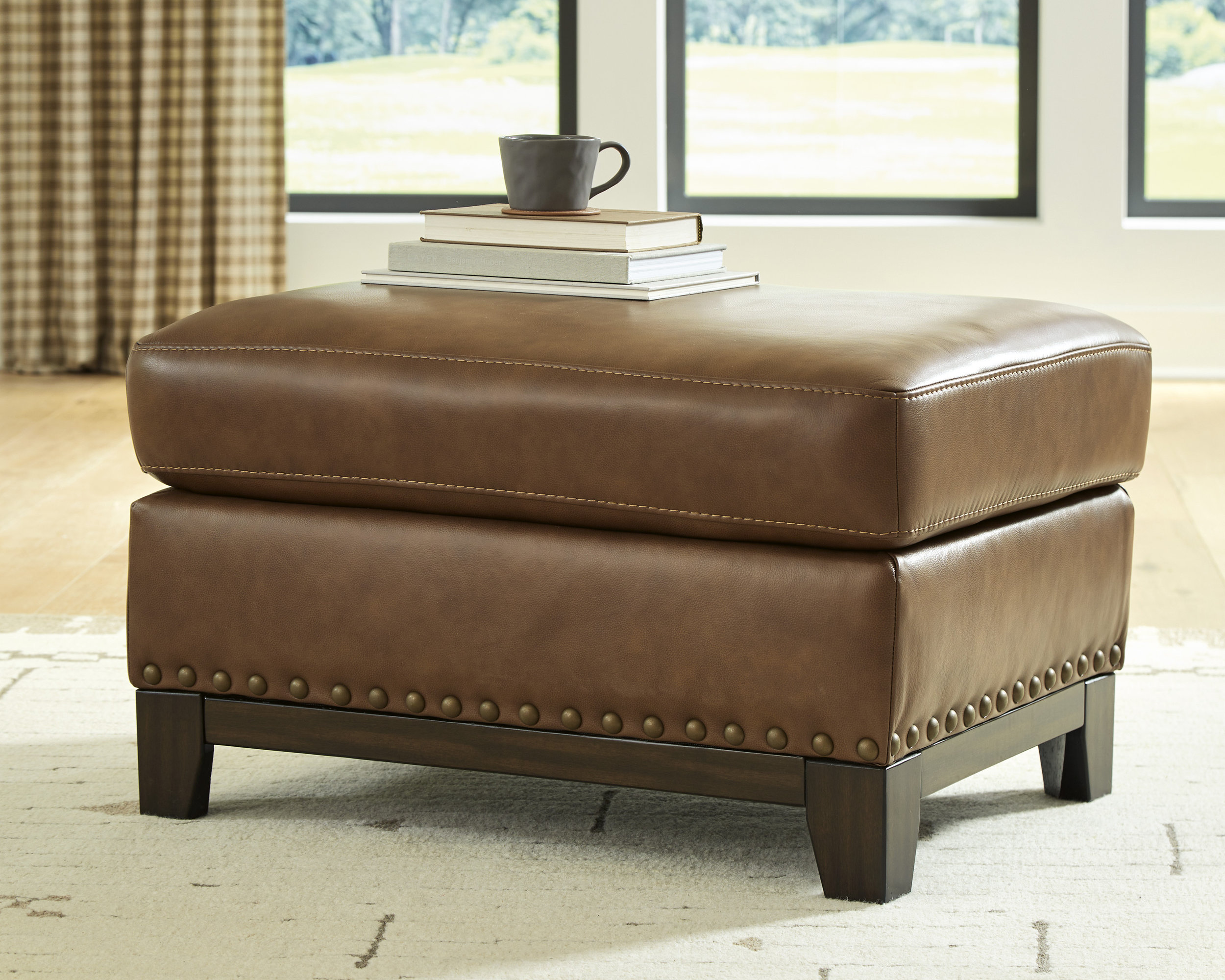 Saonara 34" Rectangular Leather Ottoman - Amber Brown with Nailhead Trim