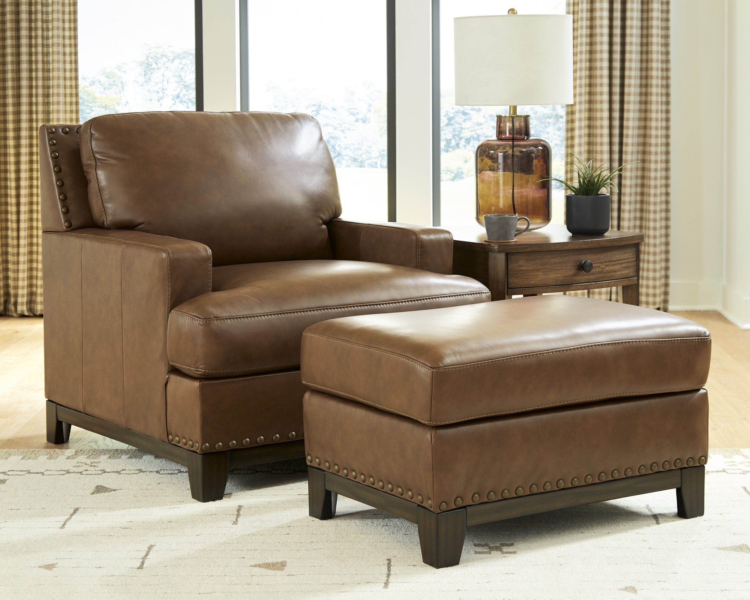 Saonara 34" Rectangular Leather Ottoman - Amber Brown with Nailhead Trim
