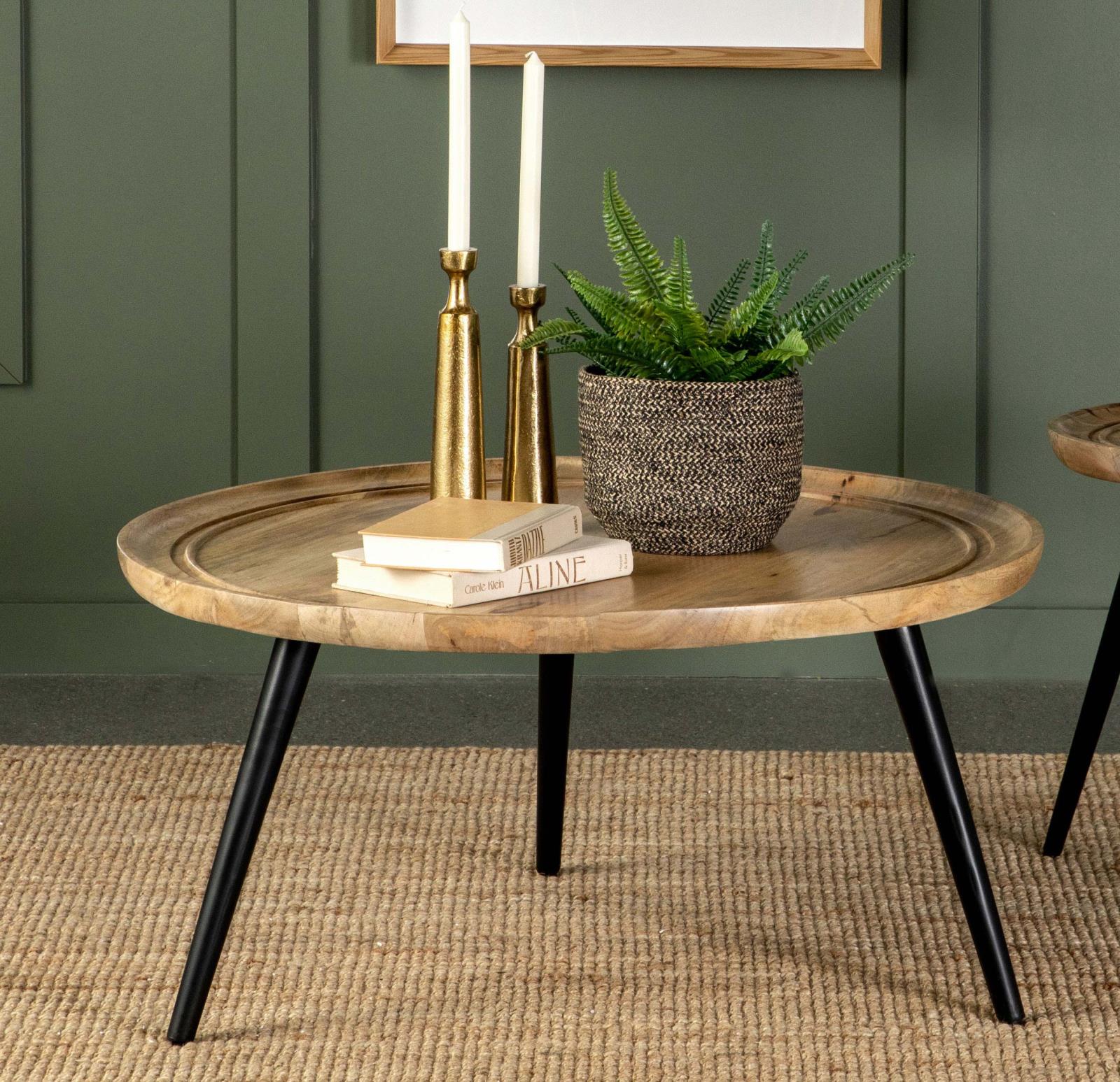Zoe Wood Round Coffee Table with Trio Iron Legs