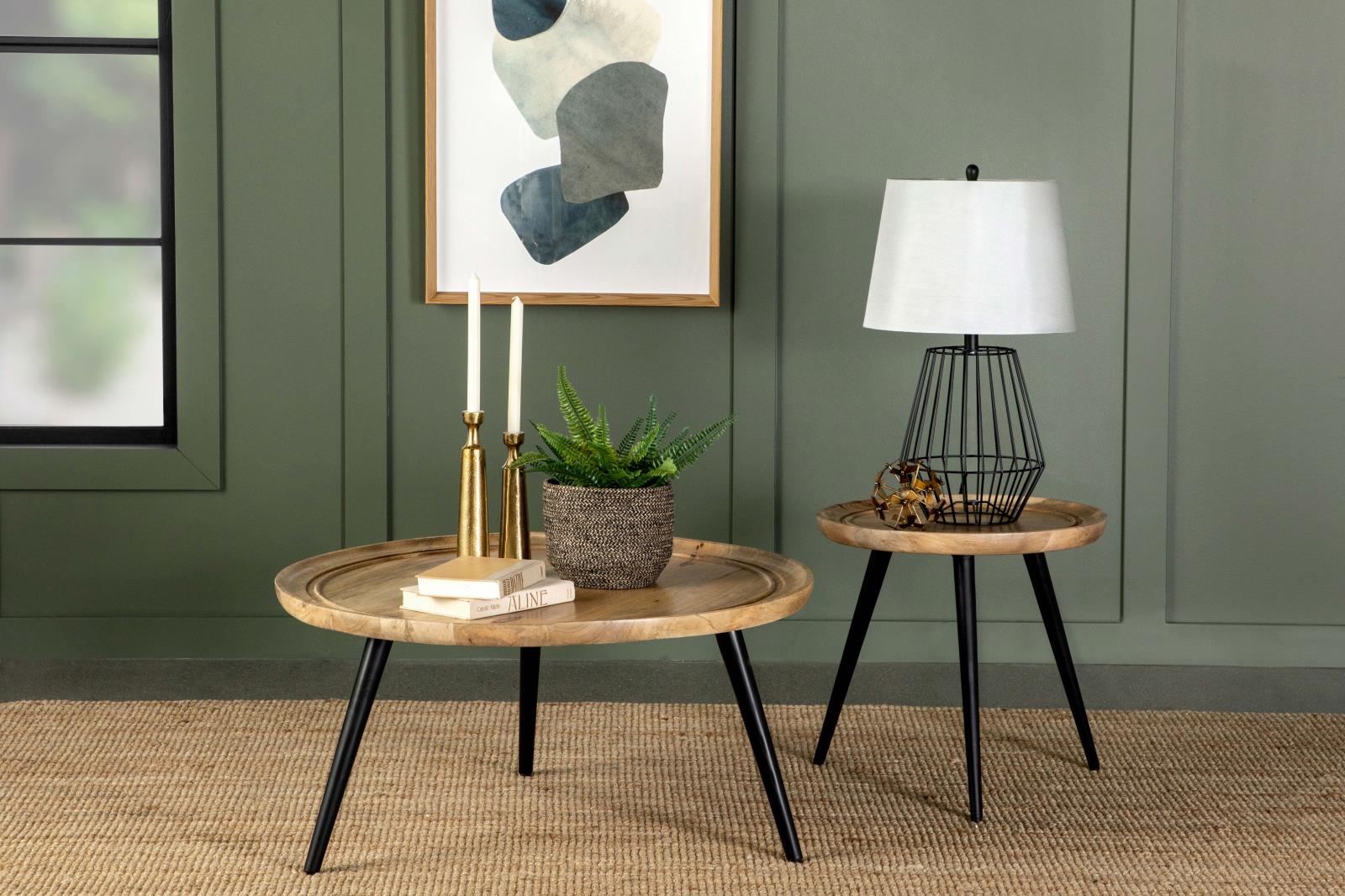 Zoe Wood Round Coffee Table with Trio Iron Legs