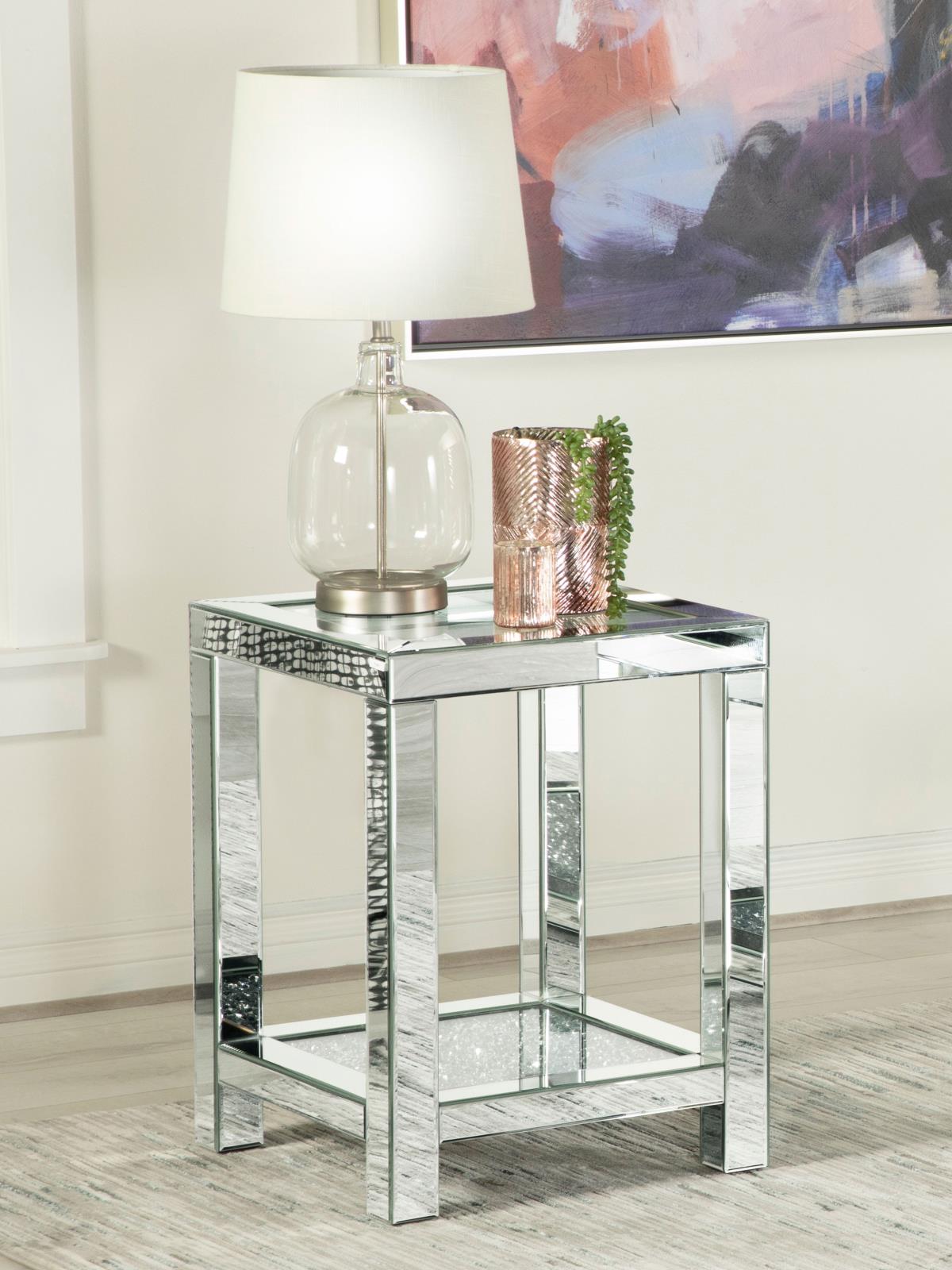Valentina Square Mirrored End Table with Glass Top
