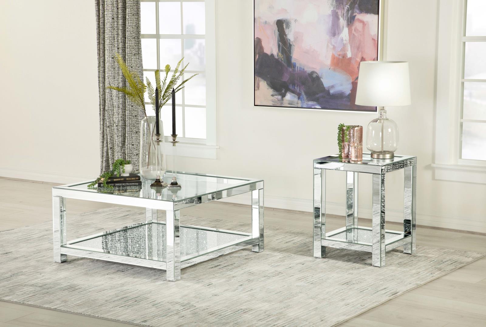 Valentina Square Mirrored End Table with Glass Top