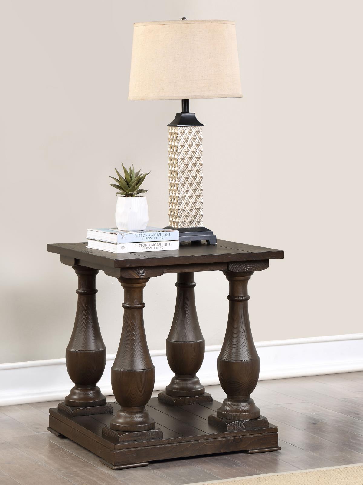 Walden Wood Veneer Rectangular End Table with Turned Legs and Floor Shelf