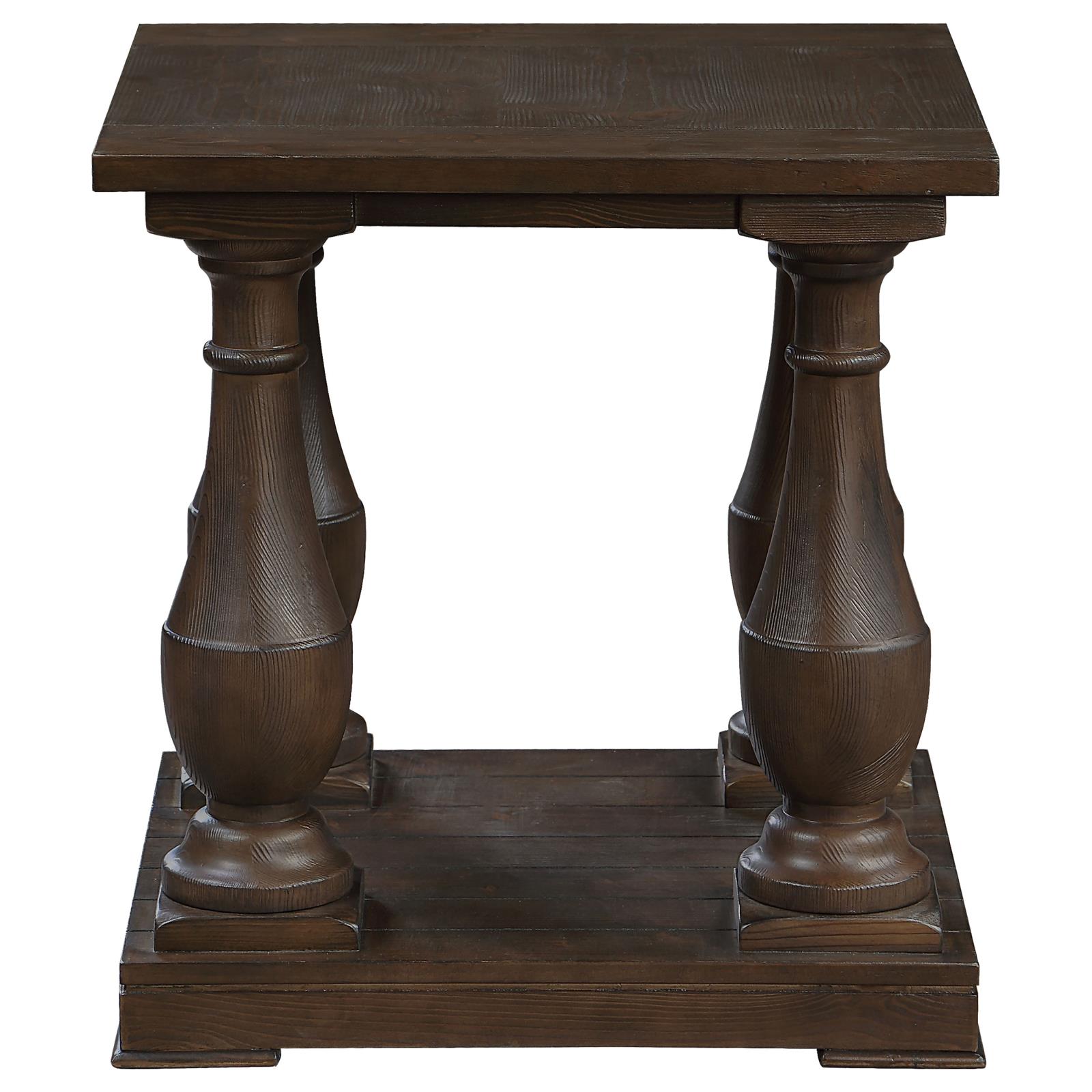 Walden Wood Veneer Rectangular End Table with Turned Legs and Floor Shelf