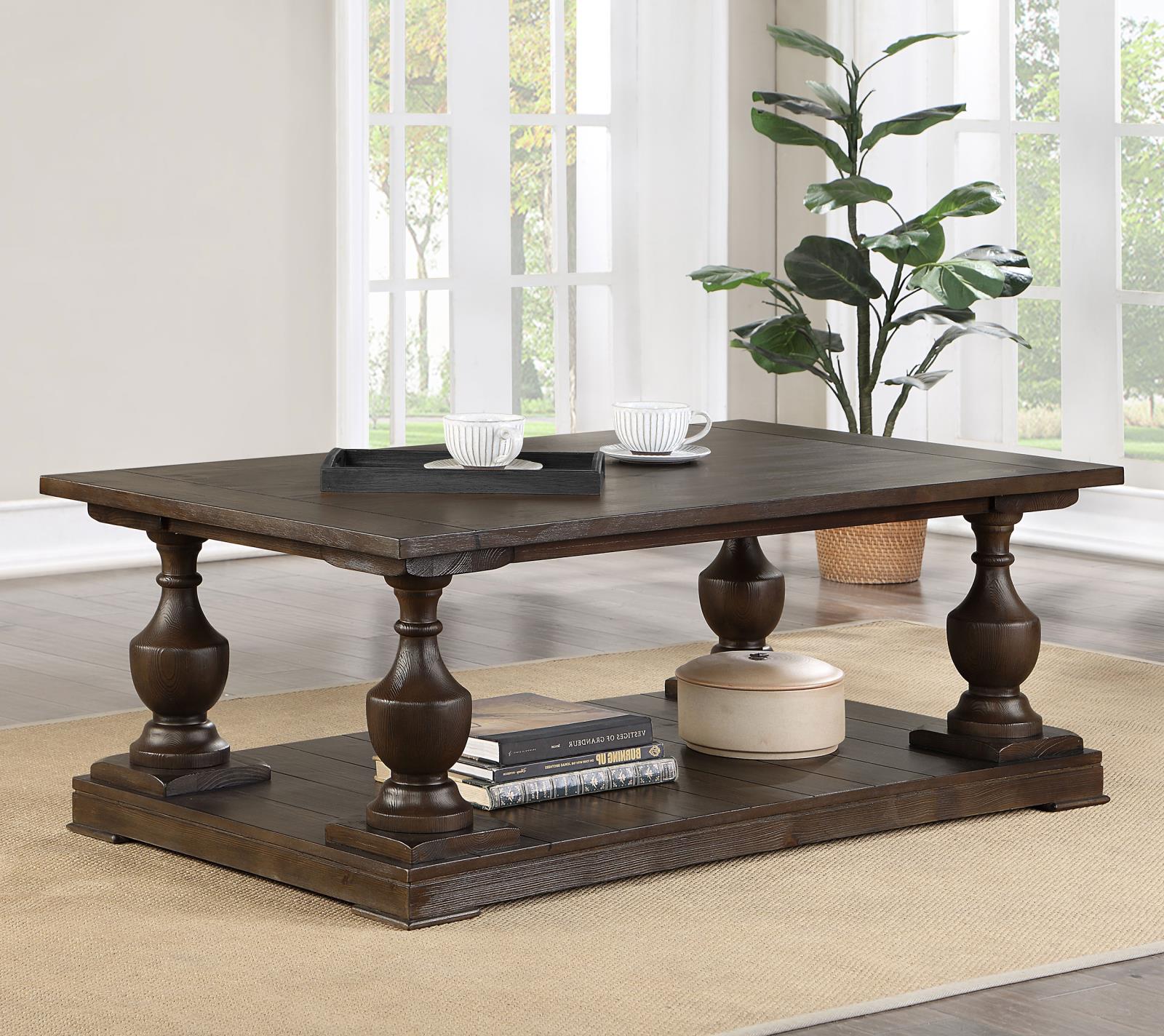Walden Wood Veneer Rectangular Coffee Table with Turned Legs and Floor Shelf