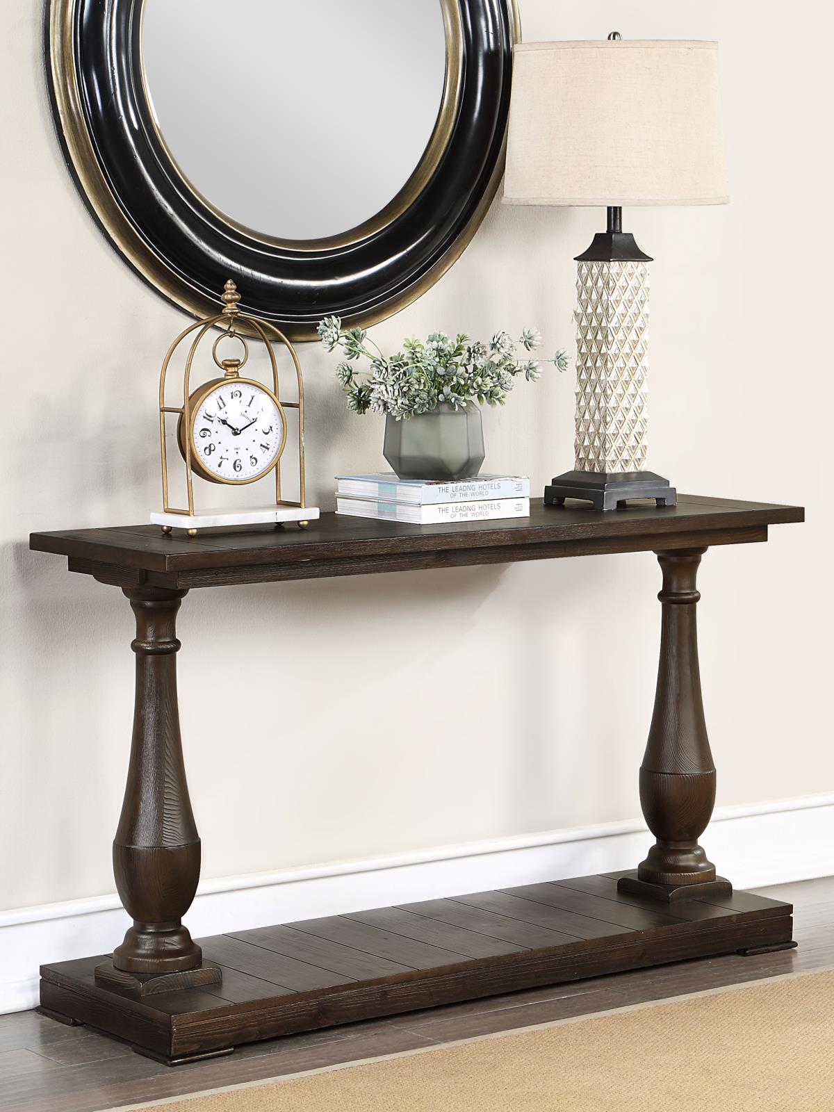 Walden Wood Veneer Rectangular Sofa Table with Turned Legs and Floor Shelf