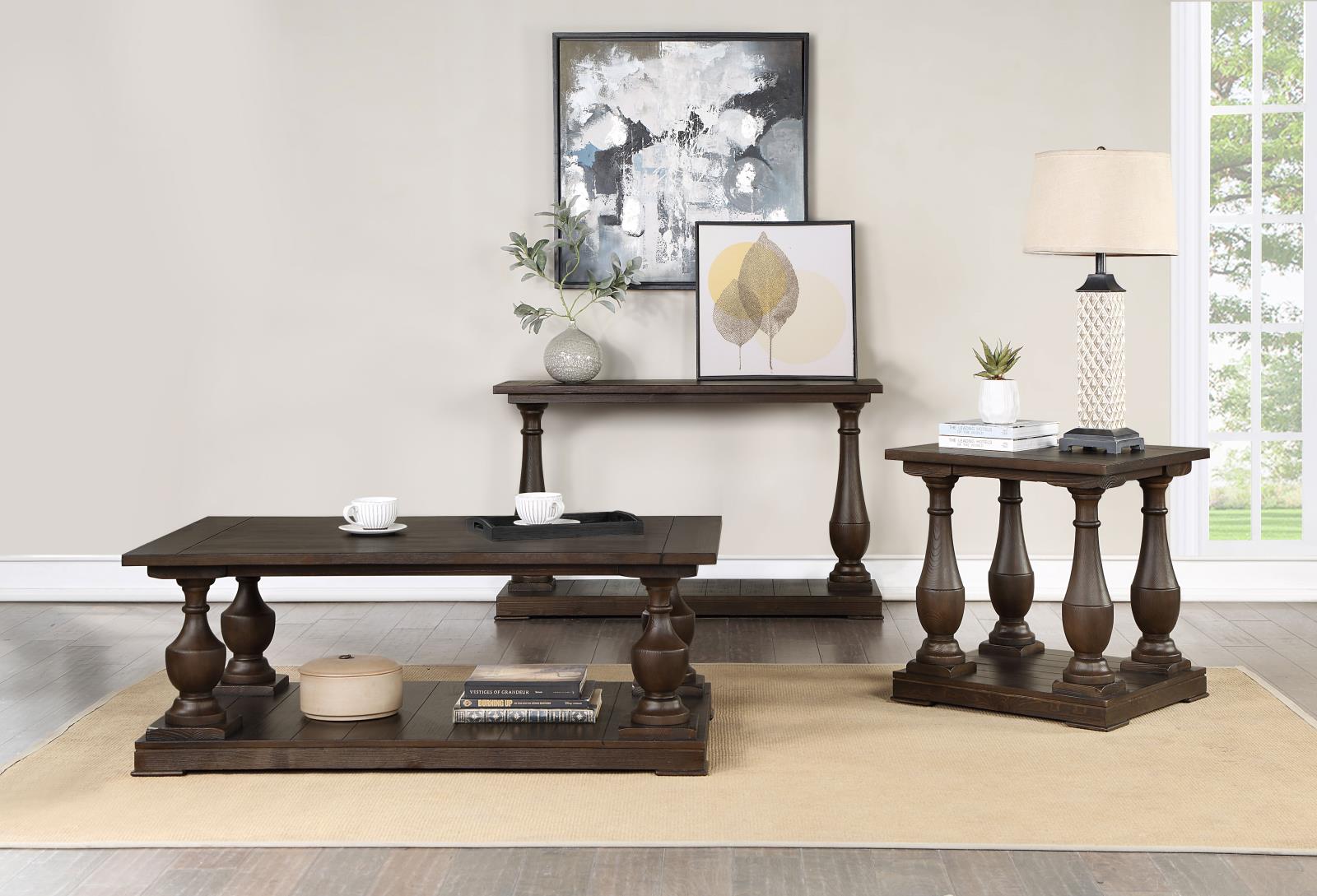 Walden Wood Veneer Rectangular Sofa Table with Turned Legs and Floor Shelf