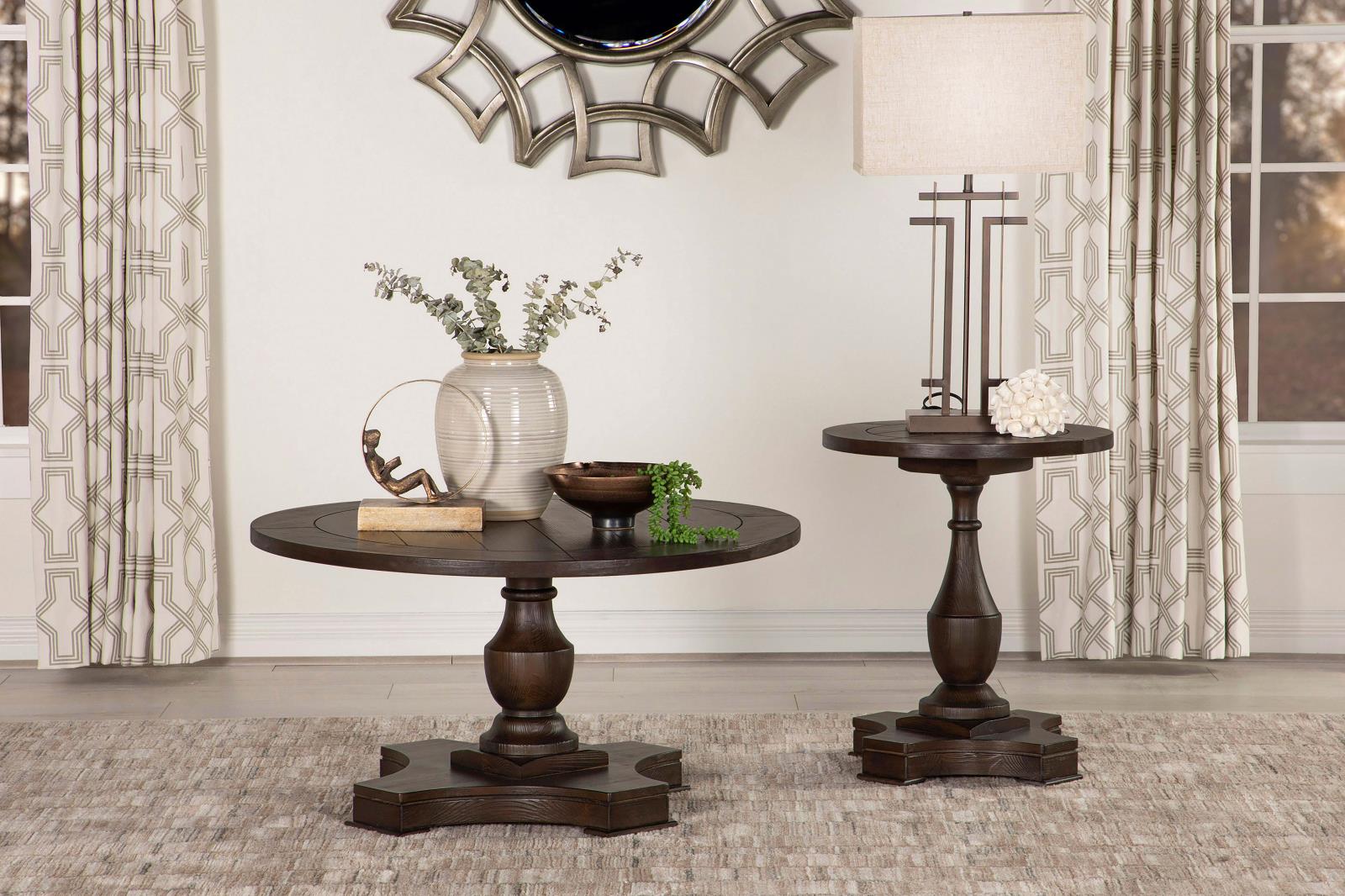 Morello Wood Veneer Round End Table with Pedestal Base