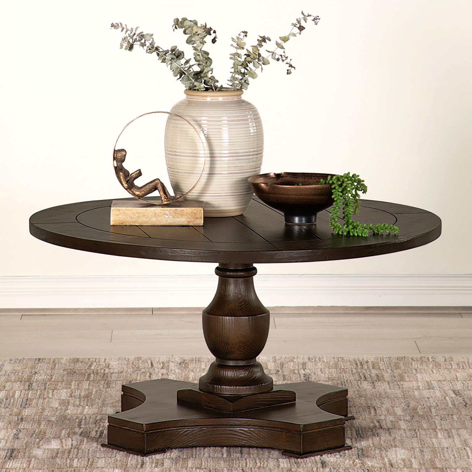 Morello Wood Veneer Round Coffee Table with Pedestal Base