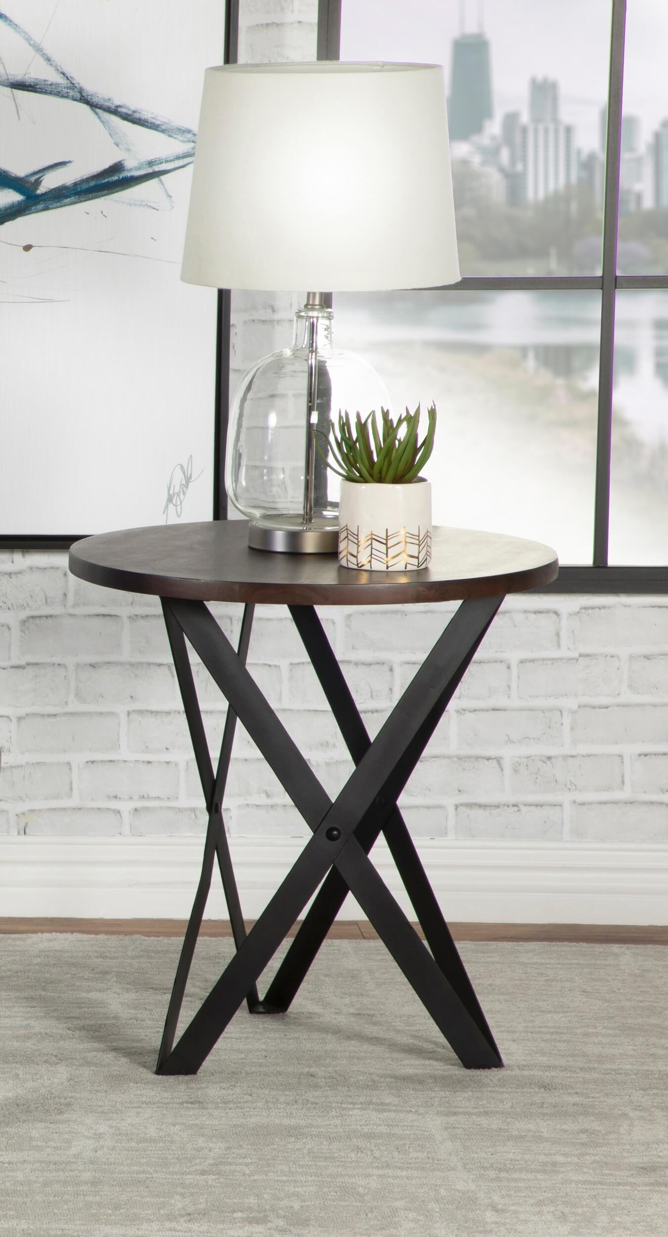 Zack Wood Round End Table with Iron Base